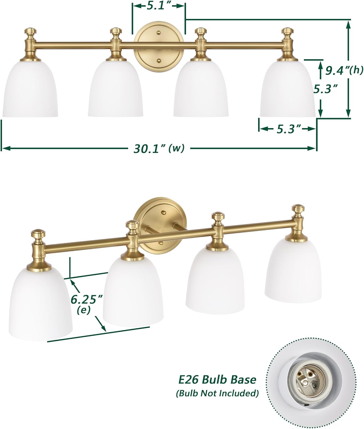 Gold Bathroom Vanity Light, 4-Light Bathroom Light Fixtures Over Mirror, Traditional Vanity Lights for Living Room, Milk White Bell Glass Shades, Standard E26 Base, Aged Brass