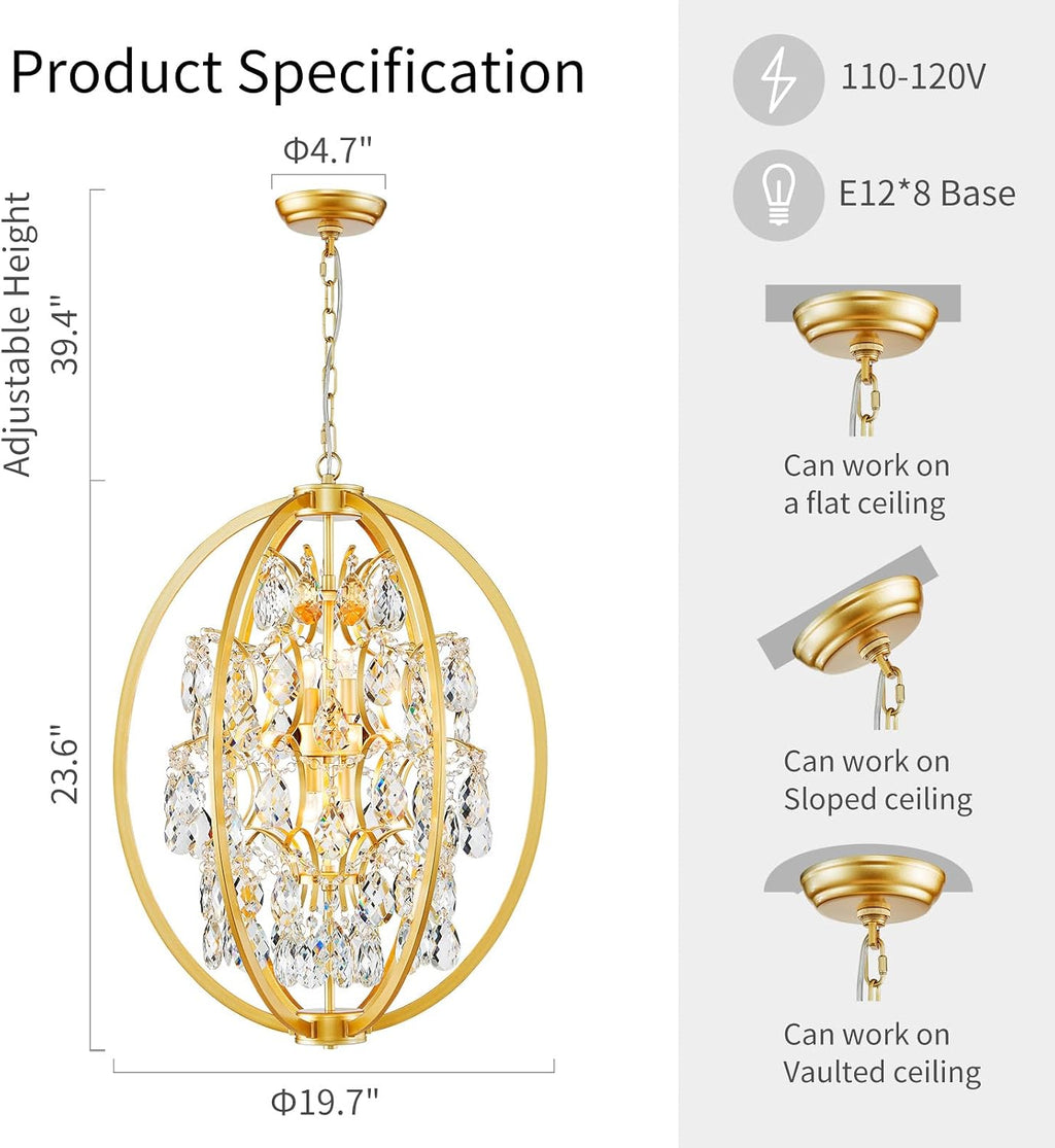WUZUPS Globe Crystal Chandelier Raindrop Pendant Flushmount Ceiling Light Modern Lighting Fixture for Bedroom Hallway Bar Kitchen Bathroom, H 23.6' x W 19.7', Gold, 8 E12 Base