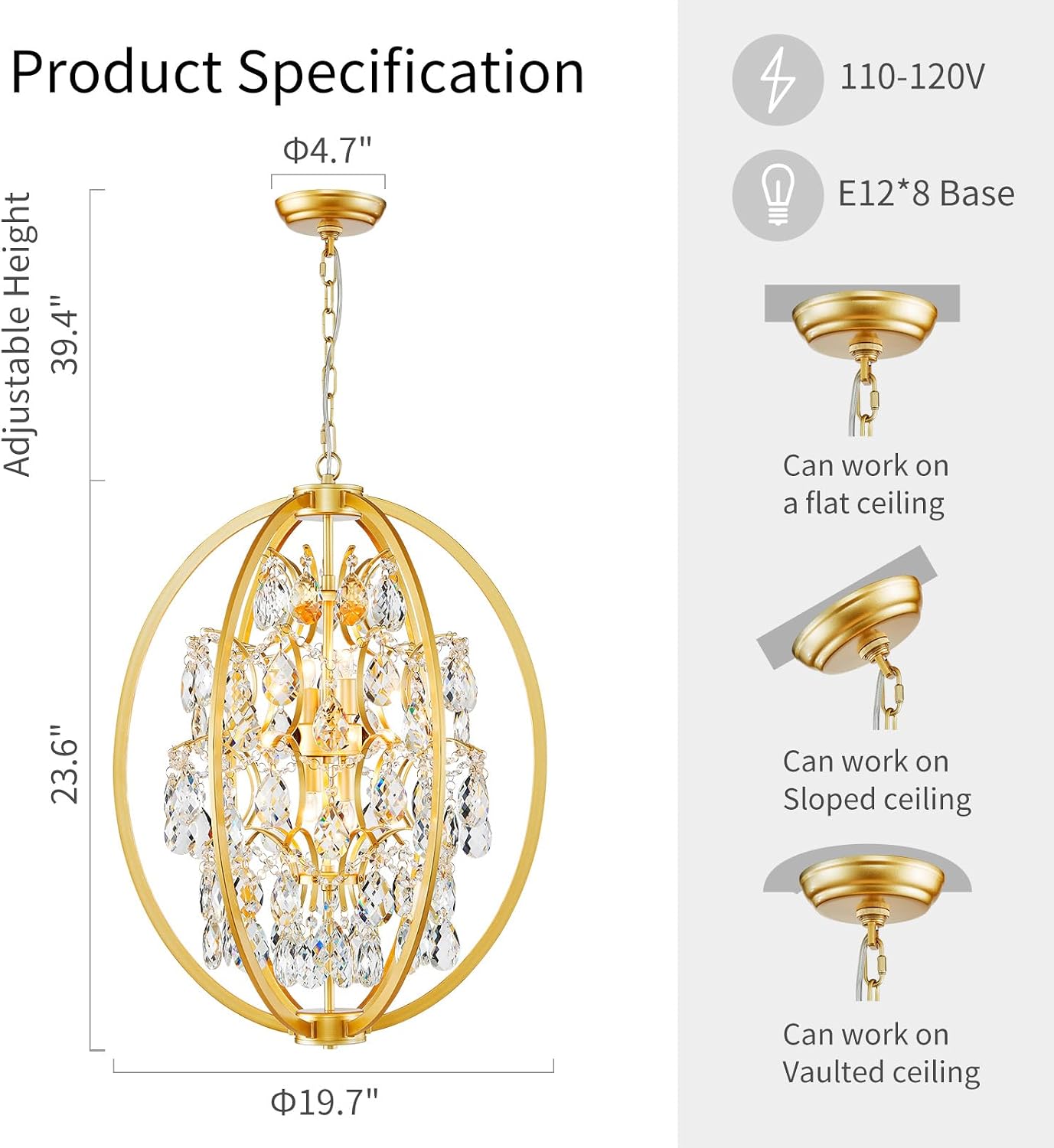 WUZUPS Globe Crystal Chandelier Raindrop Pendant Flushmount Ceiling Light Modern Lighting Fixture for Bedroom Hallway Bar Kitchen Bathroom, H 23.6' x W 19.7', Gold, 8 E12 Base