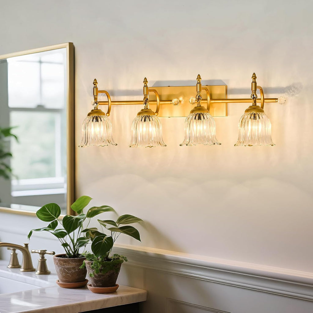 CVKASH 4-Light Bathroom Vanity Light Fixtures Over Mirror,Brushed Gold Modern Vanity Lights with Glass Shade Vintage Wall Sconce for Bedroom Dressing Room Living Room Hallway Cabinet