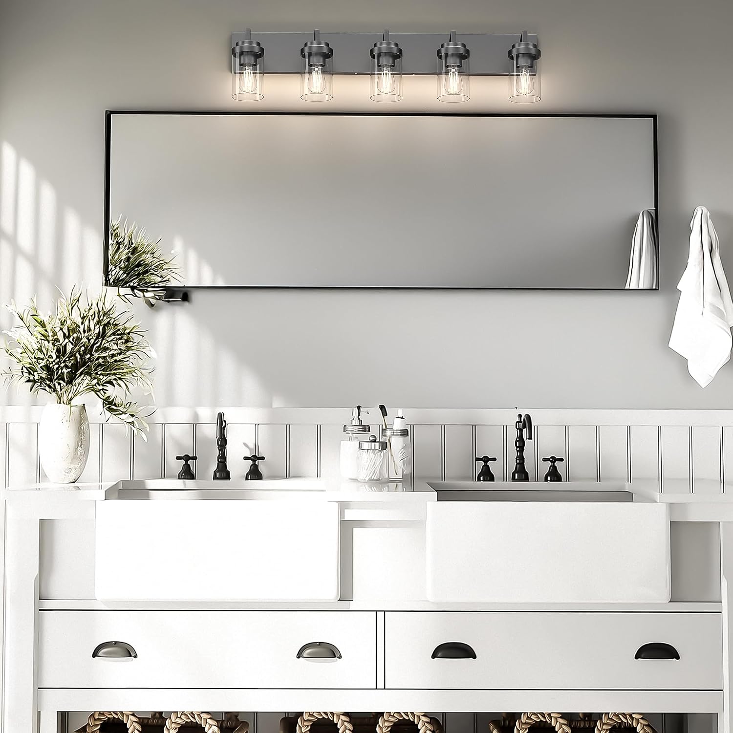 Modern 5-Light Black Bathroom Vanity Light with Clear Glass Shade, 37.4 x 4.7 x 6 inches