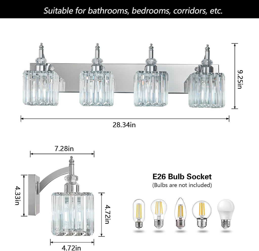 Modern Bathroom Vanity Light 4-Light Chrome Crystal Light Fixtures Over Mirror for Bathroom Wall Sconce