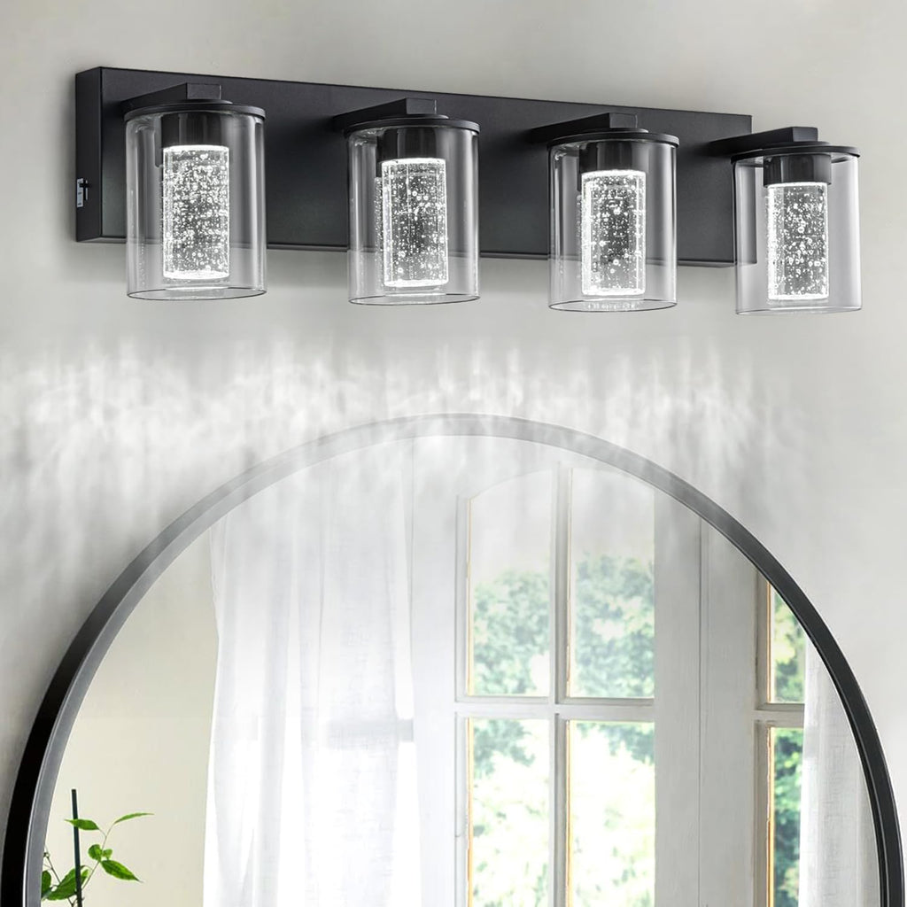 SineRise Black Vanity Light (4-Light, 24-Inch), (3000K/4000K/6000K, Dimmable), Eye Protection LED Bathroom Light Fixture, Modern Wall Light Over Mirror with Clear Glass Shade