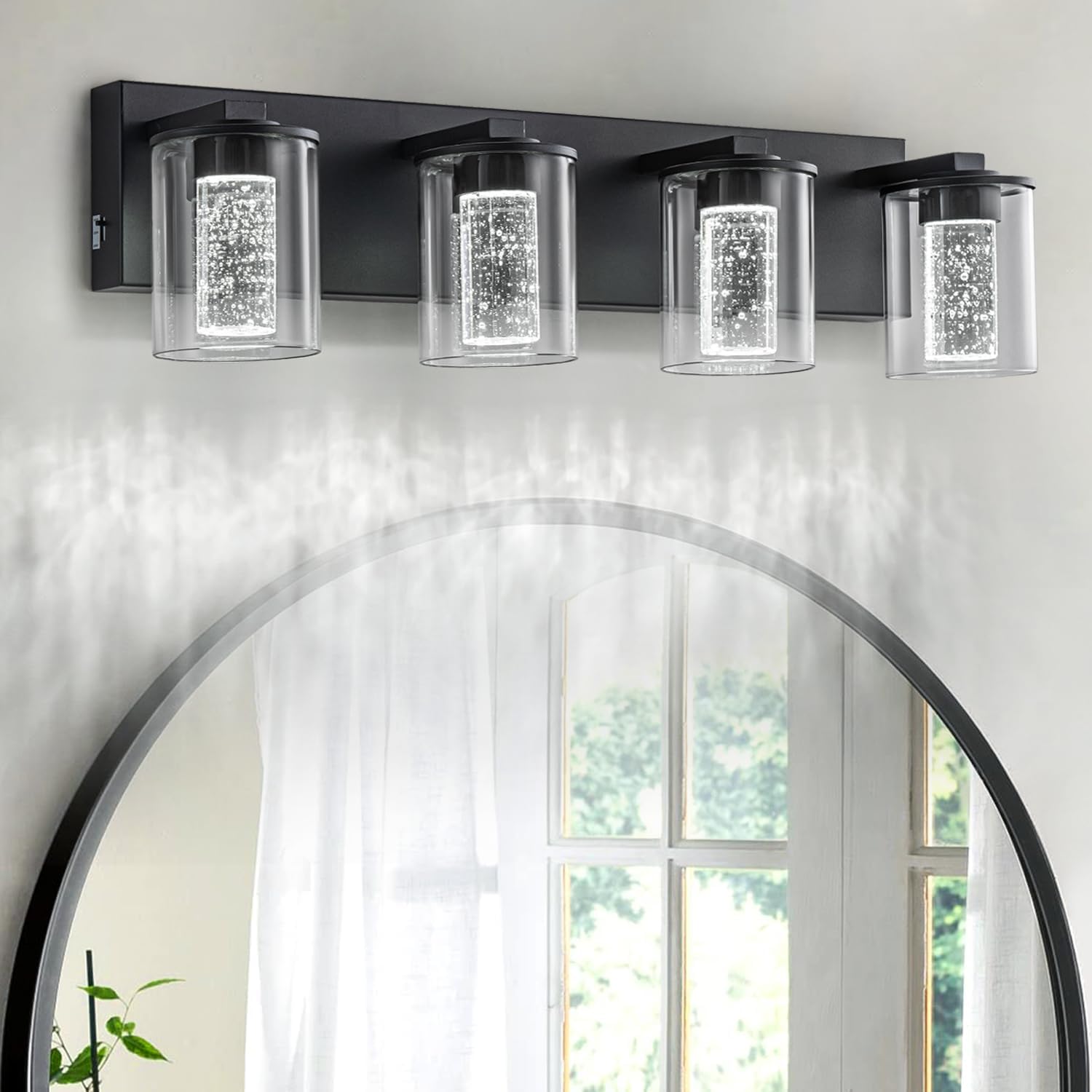 SineRise Black Vanity Light (4-Light, 24-Inch), (3000K/4000K/6000K, Dimmable), Eye Protection LED Bathroom Light Fixture, Modern Wall Light Over Mirror with Clear Glass Shade