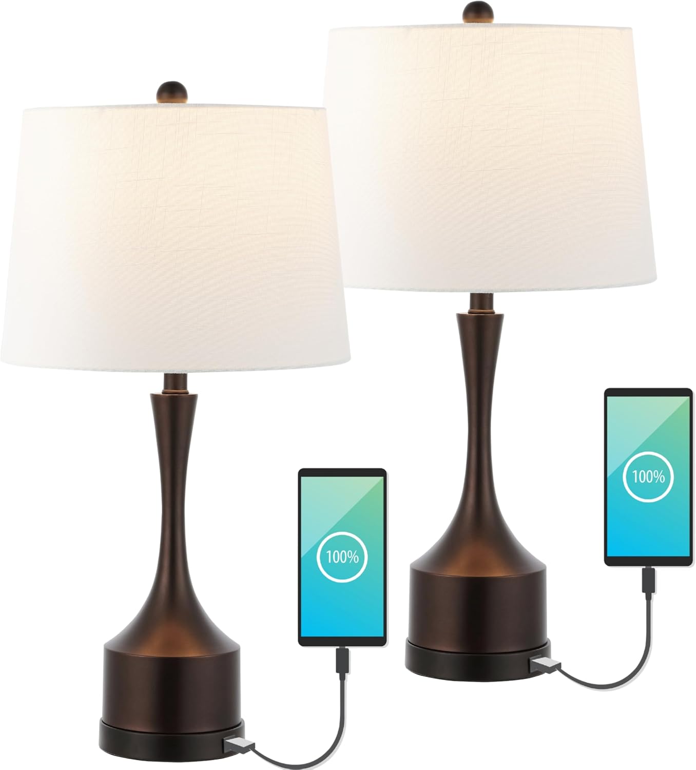 JONATHAN Y 26' Oil Rubbed Bronze Table Lamp Set of 2 with USB Charging Port, French Country Bedside Lamps for Living Room Bedroom Decor, White Linen Shade, LED Bulbs Included (JYL4045C-SET2)