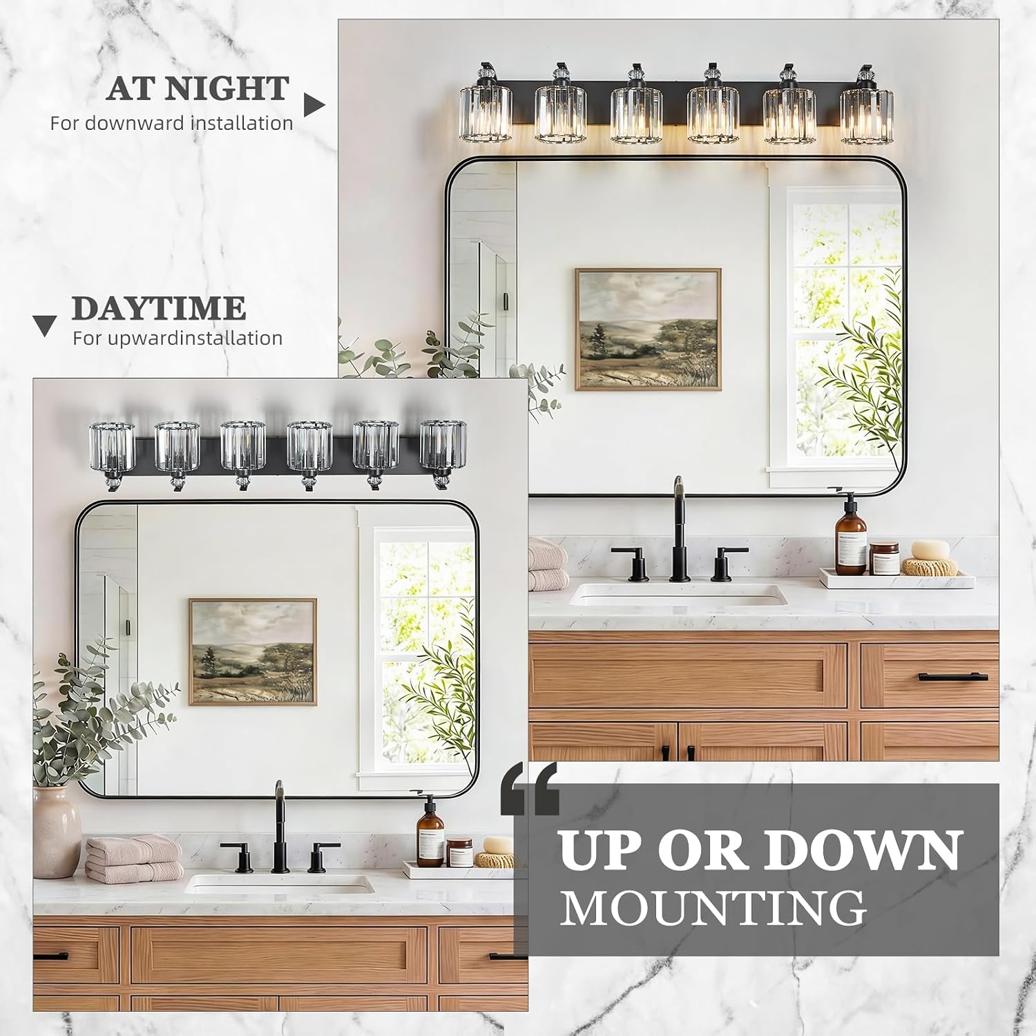 6-Light Black Bathroom Light Fixture Modern Vanity Lights Over Mirror Vintage Wall Sconce Lighting for Bathroom, Bedroom, Living Room, Hallway E26 Base with Crystal Bathroom Vanity Light
