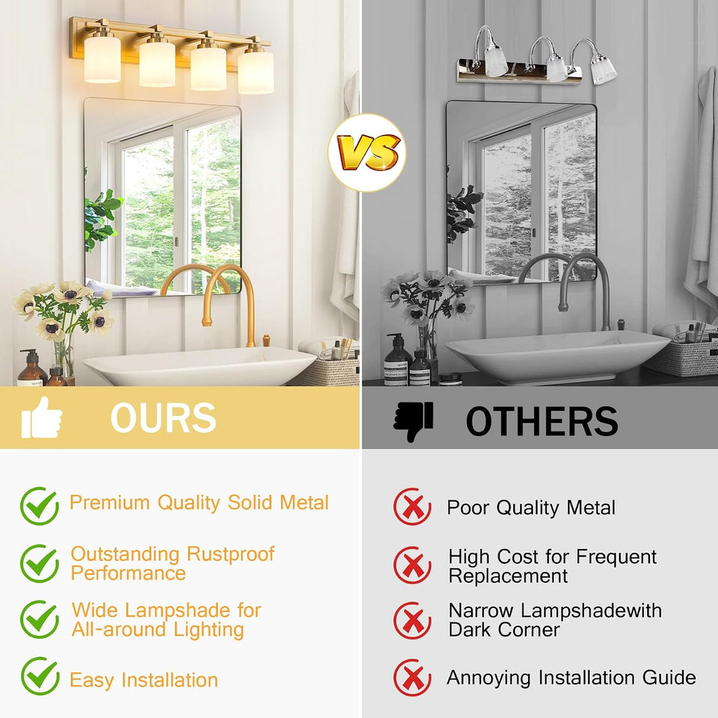Modern Bathroom Light Fixtures Over Mirror, Vanity Lights for Bathroom Wall Sconces with Milky White Glass Shades, E26 Socket (Bulbs Not Included), 4 Light, Brass