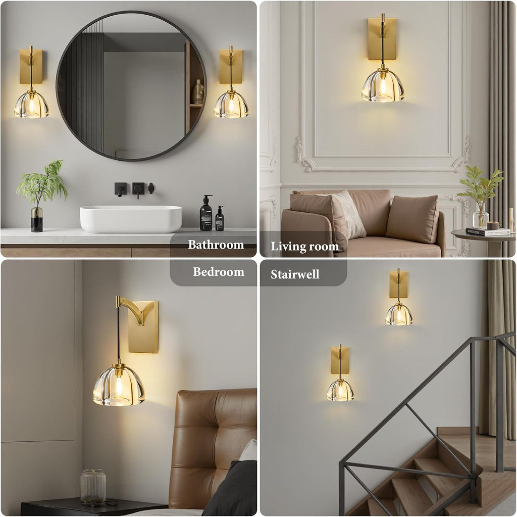 Crystal Brass Dome Wall Sconce - Luxury Brushed Lighting Fixture with K9 Crystals Cloche - Set of 2 Modern Gold Sconces - Dimmable Indoor Hanging Light for Bathroom Bedroom Living Room Stair Hallway