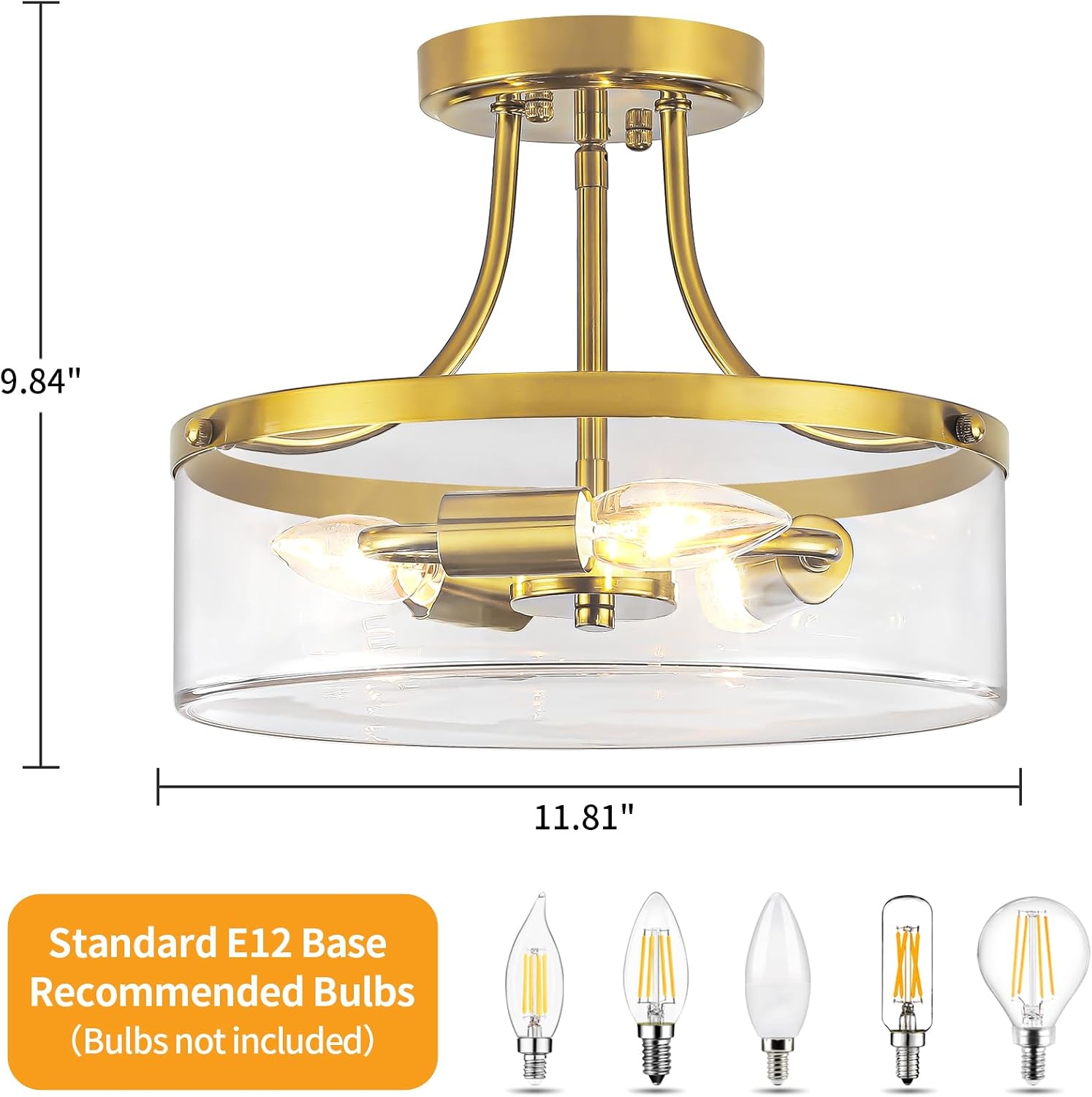 Brushed Gold Semi Flush Mount Ceiling Light, 11.81' Kitchen Lighting Fixtures Ceiling with Glass Shade, 3-Light Modern Hallway Light Fixtures for Entryway Bedroom Bathroom Foyer Laundry Dining Room