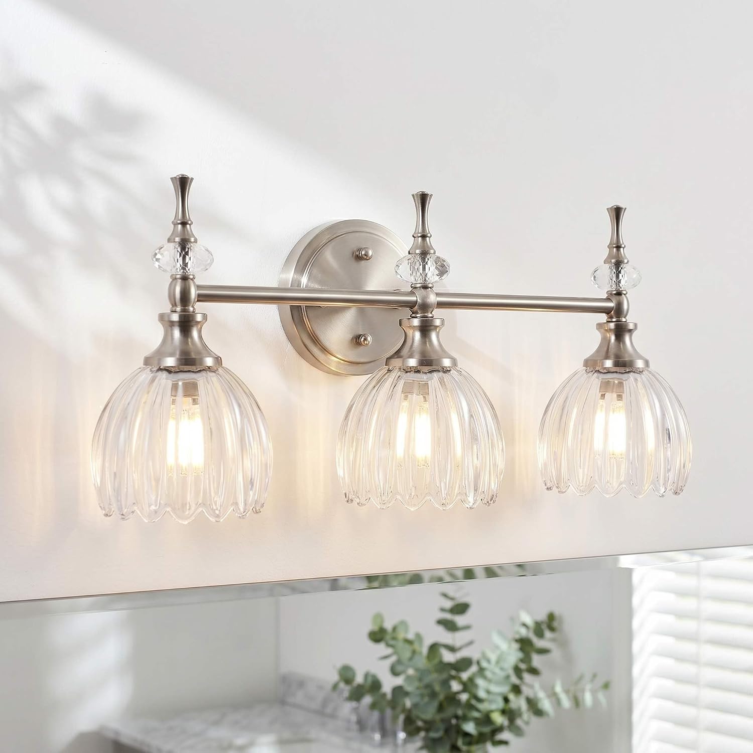 ANDY STAR 3-Light Brushed Nickel Bathroom Vanity Light, Transitional Sconce | Ribbed Glass & Crystal Accent, Damp-Resistant, Ceramic E12 Base, Reversible Up/Down Mounting