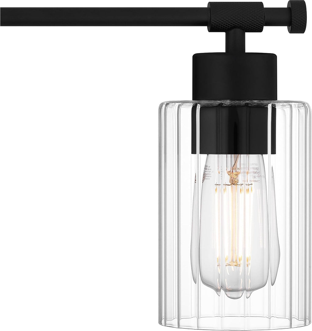 Quoizel Caputo Bath Vanity Lights, 32 Inch 4-Light Matte Black Lighting Fixtures Over Mirror, Clear Ribbed Glass, 100W, Modern Industrial Wall Mount Light for Bathroom, Dresser or Sink