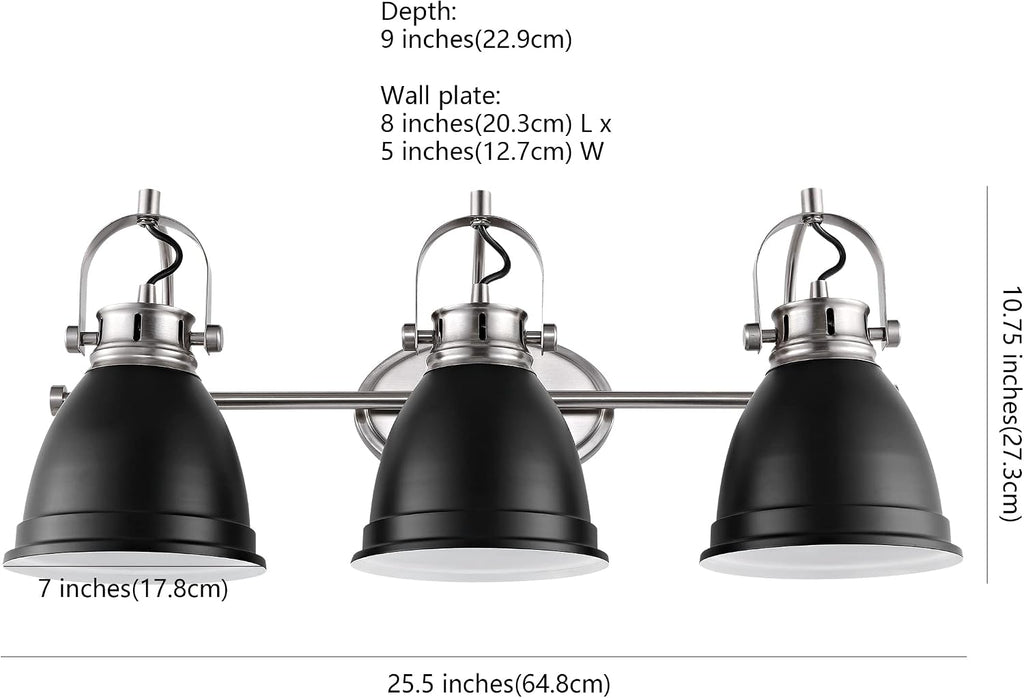 JONATHAN Y 25.5' Black/Nickel 3-Light LED Vanity Light, Adjustable Wall Sconce for Bathroom Mirror, Farmhouse Bohemian Kitchen Light, Iron Black Bell Shade (JYL1116A)