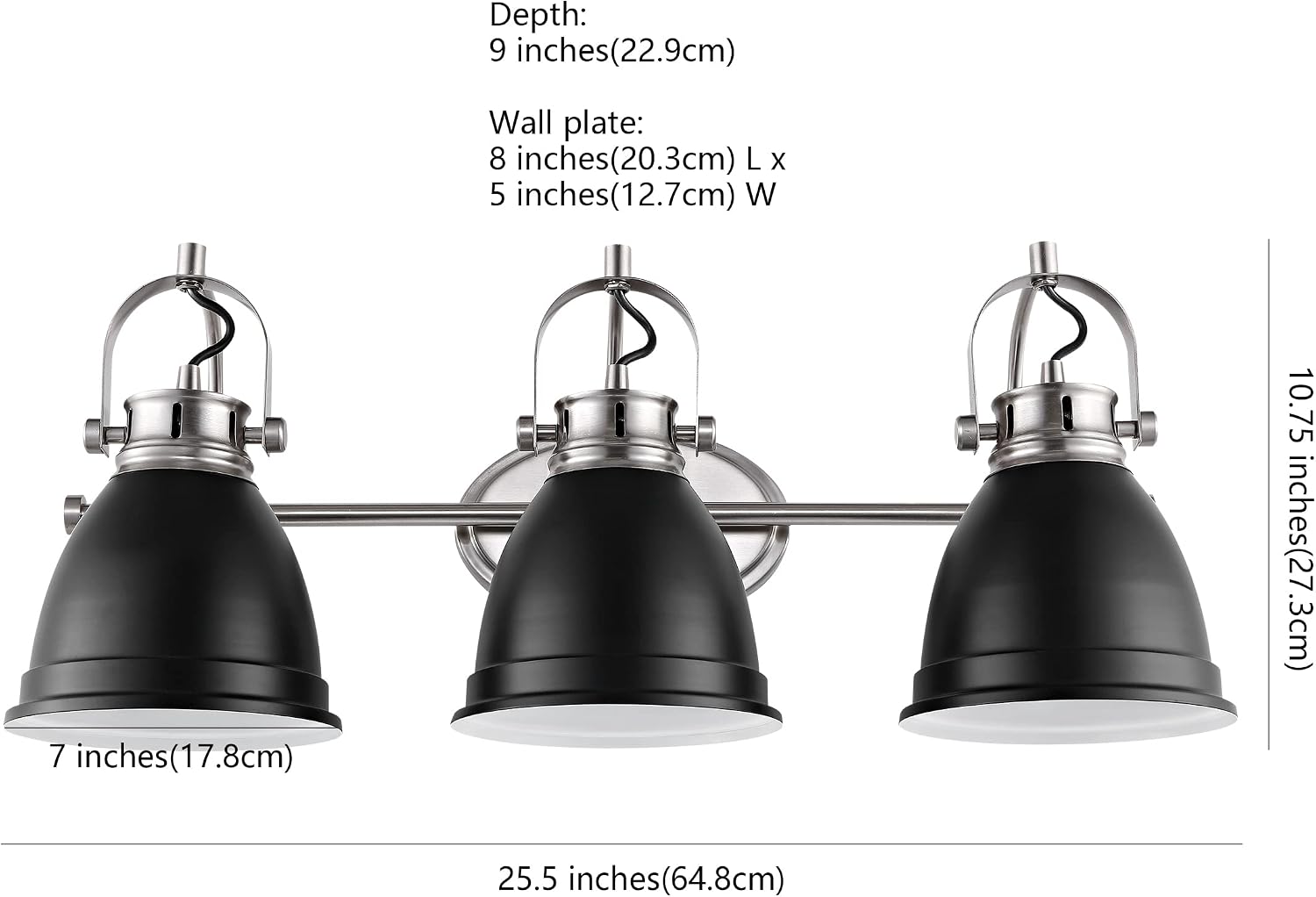 JONATHAN Y 25.5' Black/Nickel 3-Light LED Vanity Light, Adjustable Wall Sconce for Bathroom Mirror, Farmhouse Bohemian Kitchen Light, Iron Black Bell Shade (JYL1116A)