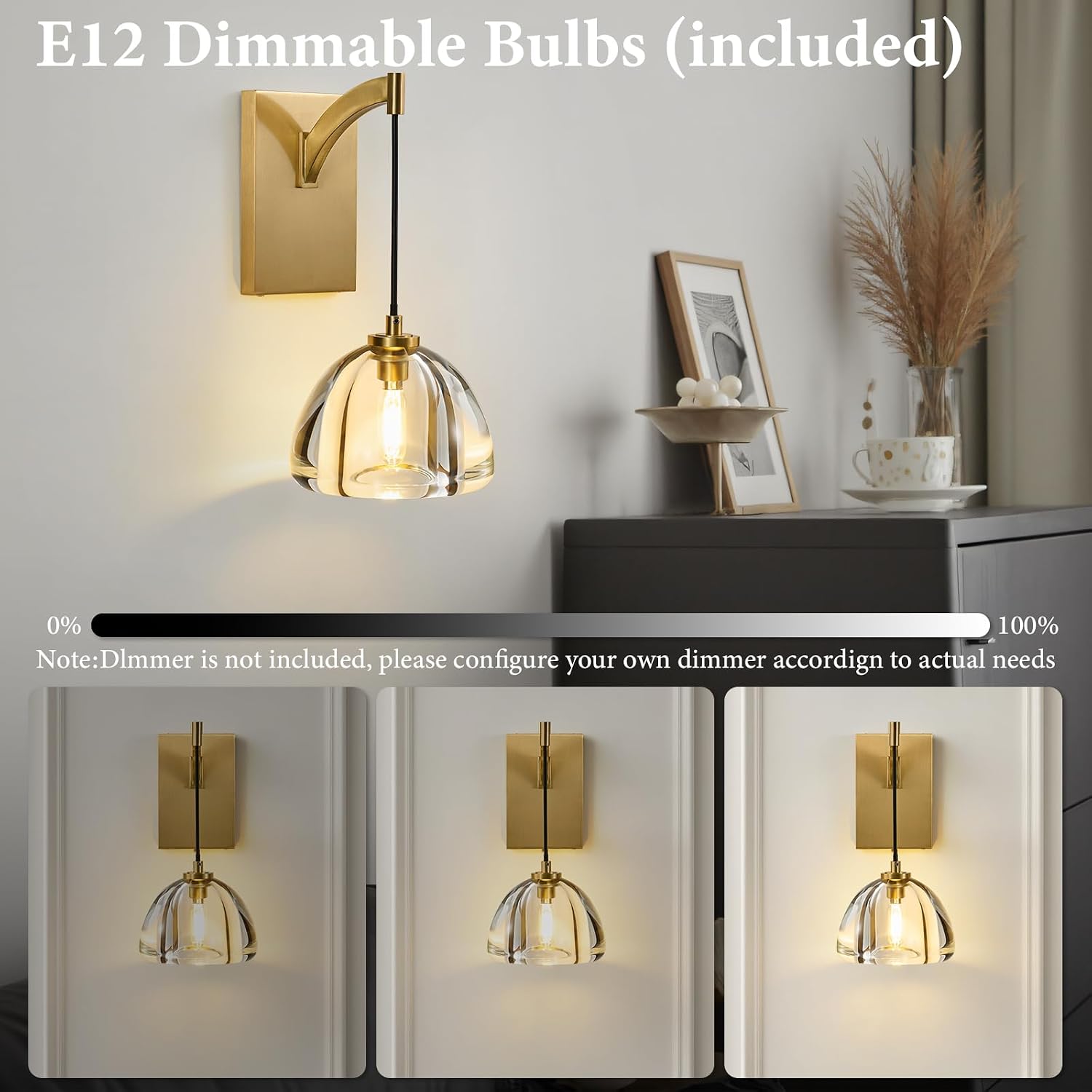 Crystal Brass Dome Wall Sconce - Luxury Brushed Lighting Fixture with K9 Crystals Cloche - Set of 2 Modern Gold Sconces - Dimmable Indoor Hanging Light for Bathroom Bedroom Living Room Stair Hallway