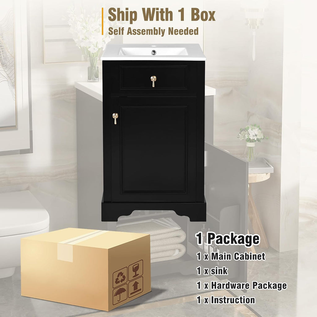 20' Bathroom Vanity with Sink, Harper & Bright Designs Free Standing Single Basin Vanity Set with Soft Close Door & Adjustable Shelf, Solid Wood Bathroom Cabinet with Ceramic Basin for Bathroom, Black