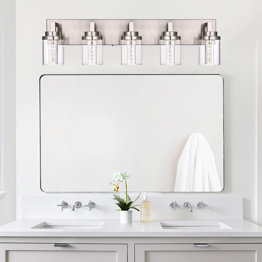 MELUCEE LED Vanity Light Bar 5-Light Bathroom Vanity Light Modern 25W Bath Lamps Over Mirror Brushed Nickel Bathroom Wall Lighting Fixtures with Clear Glass Shade Bubble Crystal Restroom Lighing