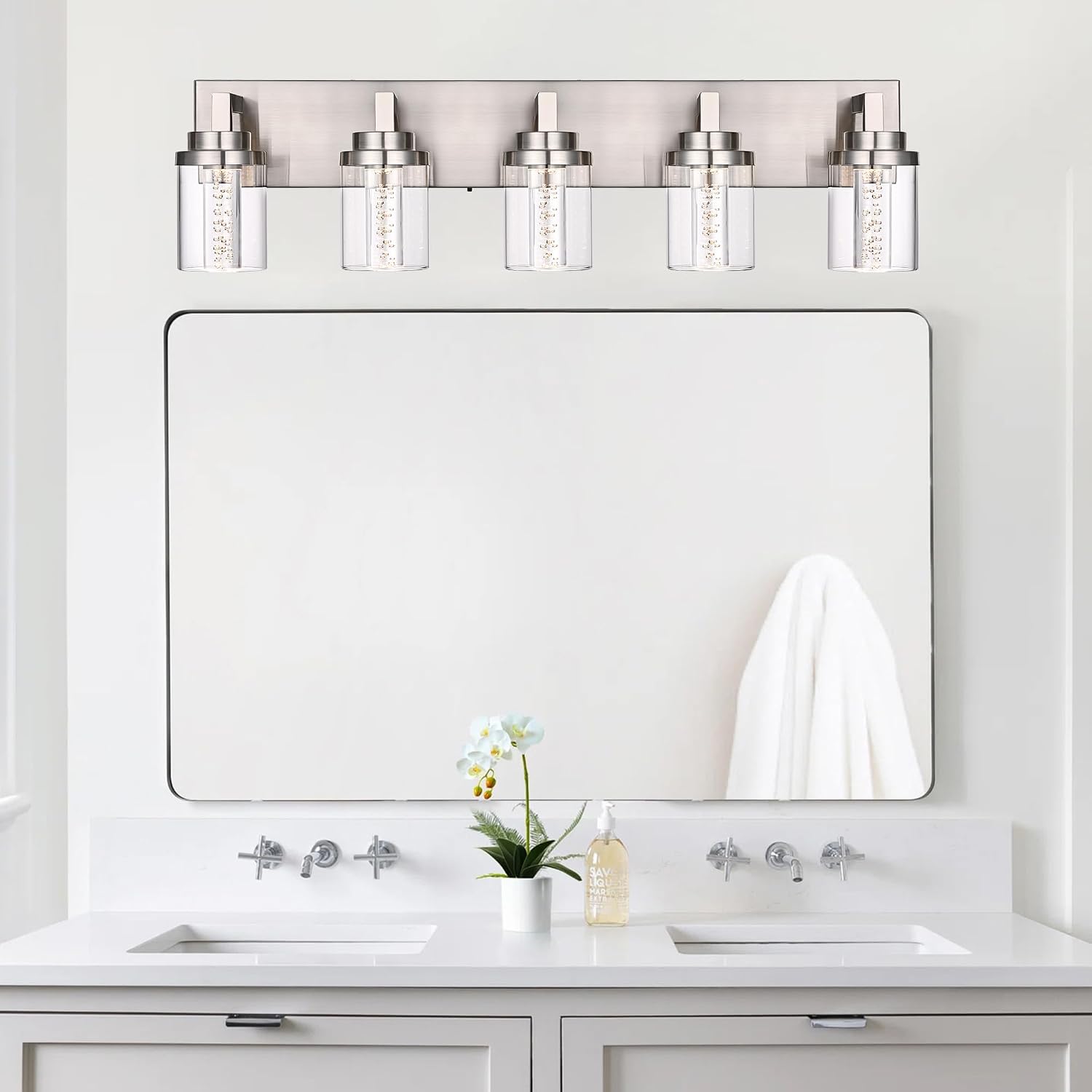 MELUCEE LED Vanity Light Bar 5-Light Bathroom Vanity Light Modern 25W Bath Lamps Over Mirror Brushed Nickel Bathroom Wall Lighting Fixtures with Clear Glass Shade Bubble Crystal Restroom Lighing