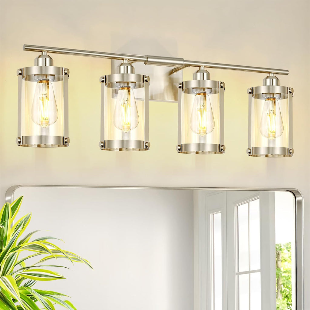 4-Light Brushed Nickel Bathroom Light Fixtures, 29 Inch Modern Bathroom Vanity Lighting Fixtures Over Mirror with Clear Glass and Metal Cage Wall Sconce Lights for Bath, E26, OS-3014BN-4W
