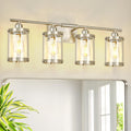 4-Light Brushed Nickel Bathroom Light Fixtures, 29 Inch Modern Bathroom Vanity Lighting Fixtures Over Mirror with Clear Glass and Metal Cage Wall Sconce Lights for Bath, E26, OS-3014BN-4W