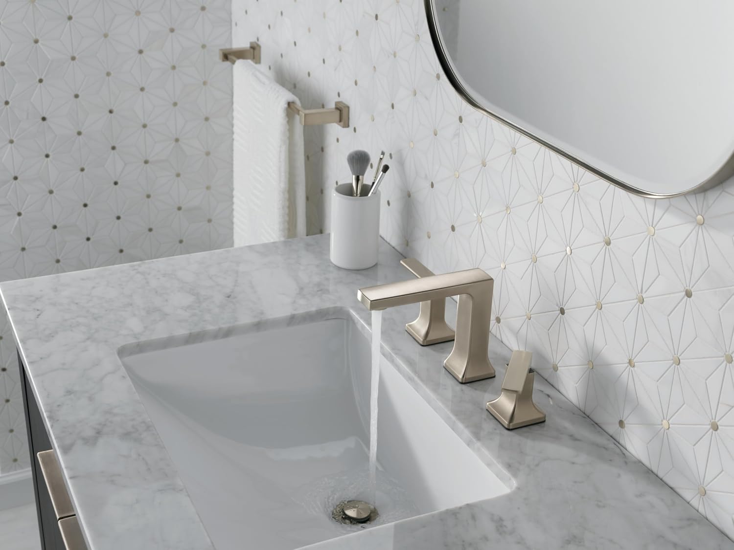 Delta Velum Brushed Nickel Bathroom Faucet 3 Hole, 8 Inch Widespread Bathroom Sink Faucet for Vanity, Metal Push-Pop Drain Assembly, Stainless 3537LF-SSMPU