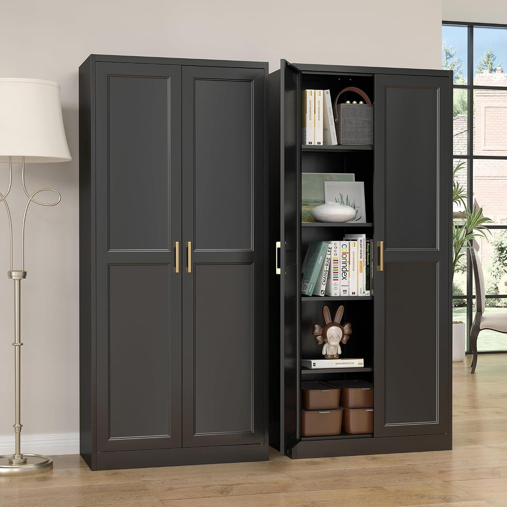 SteeLoong Kitchen Pantry Cabinet,71'Black Metal Pantry Storage Cabinet with Doors and 4 Adjustable Shelves,Kitchen Cabinet with 2 Gold Handles,Tall Cabinet for Livingroom,Pantry, Bathroom