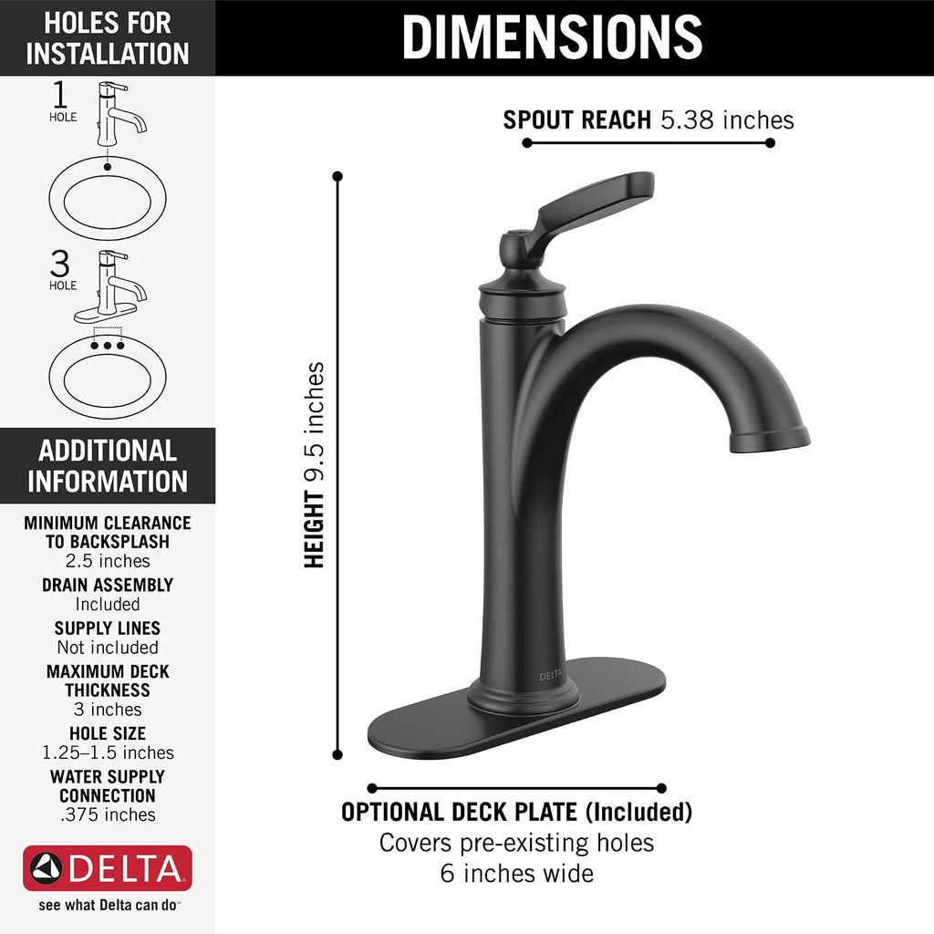 Delta Woodhurst Matte Black Bathroom Faucet 1 Hole, Single Hole Bathroom Sink Faucet for Vanity, Metal Push-Pop Drain Assembly, Matte Black 532-BLMPU-DST