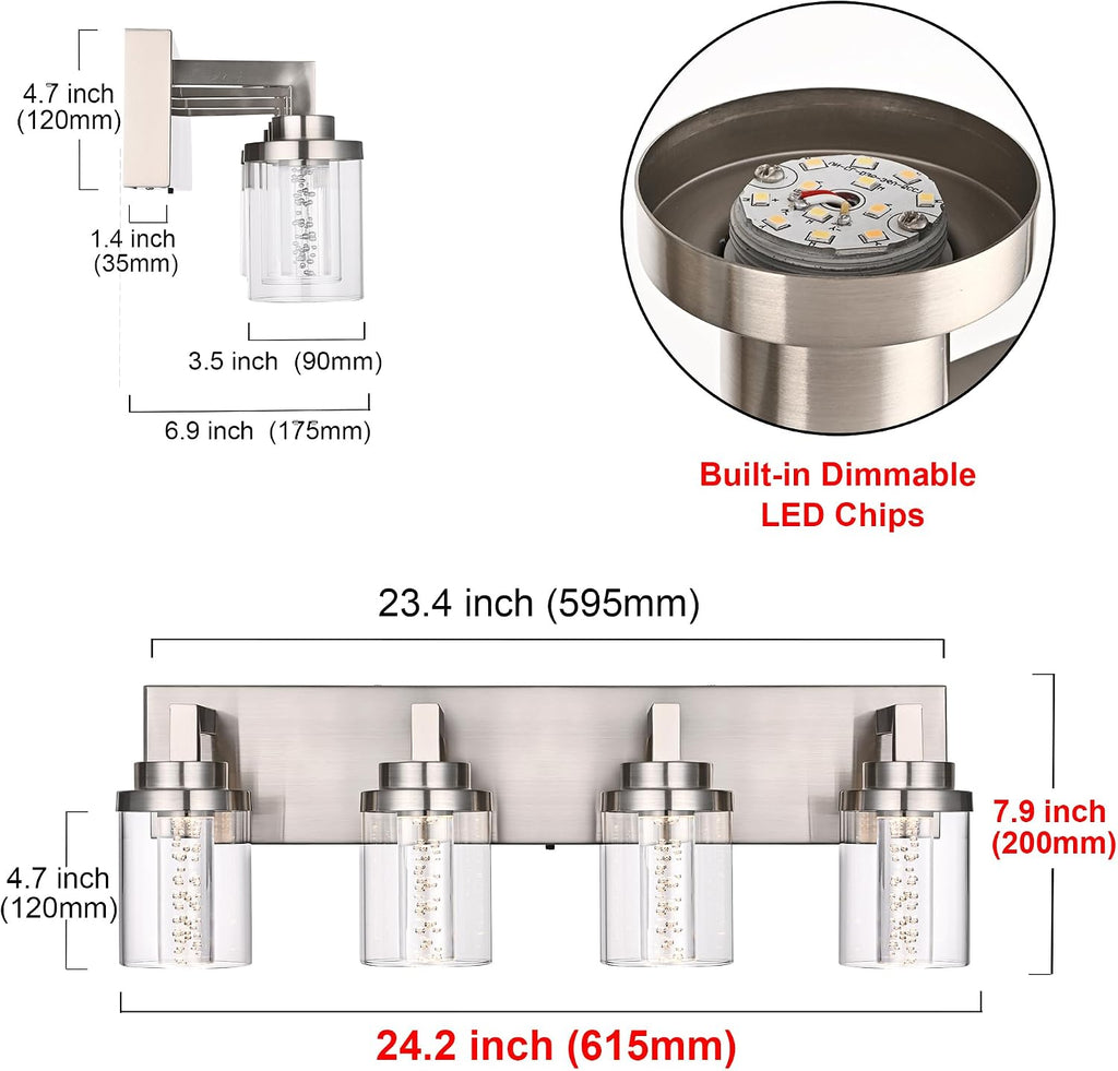 MELUCEE 4-Light Bathroom Lighting Fixtures Brushed Nickel, Dimmable LED Vanity Light for Bathroom 5CCT Bubble Crystal Bath Wall Lights with Clear Glass Shade, Built-in Led Chips