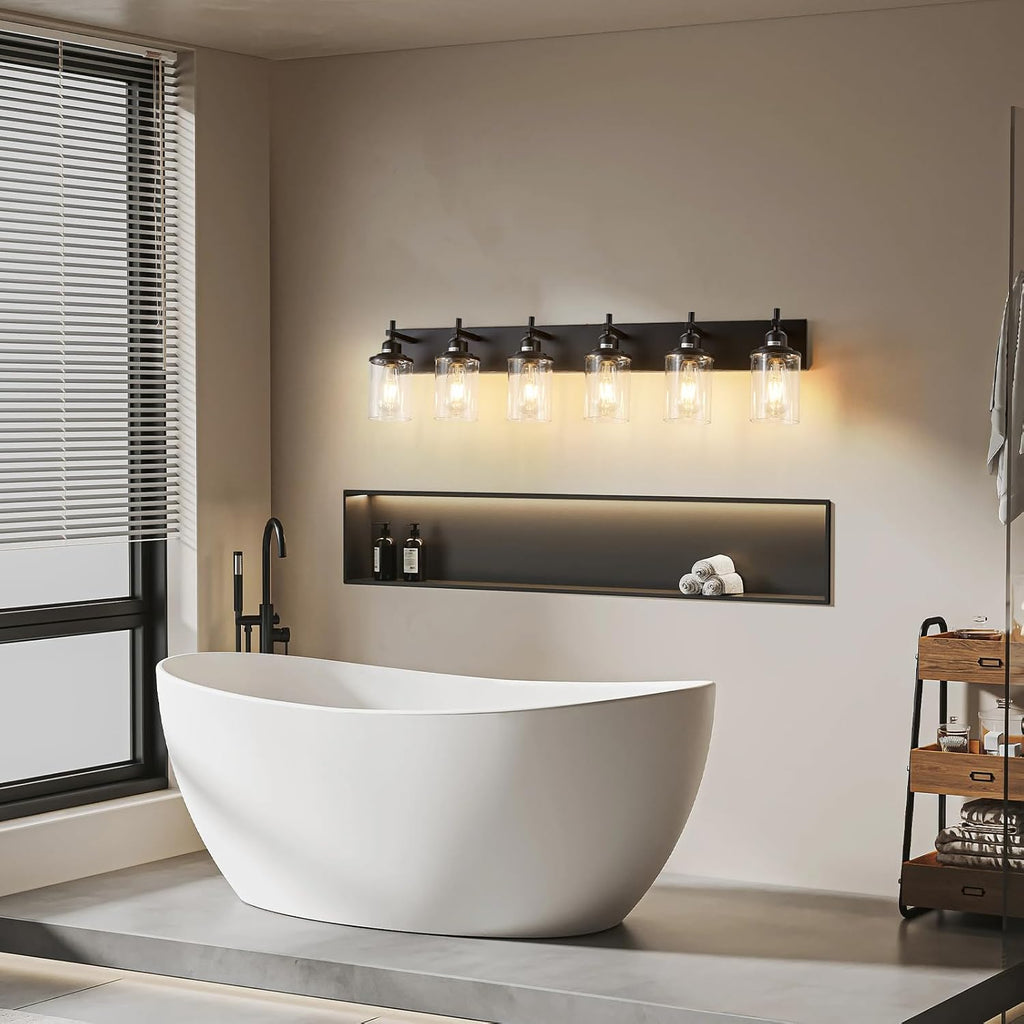 Lanhall 6-Light Black Bathroom Light Fixture Over Mirror Modern Farmhouse Bathroom Vanity Light Vintage Wall Lighting with Clear Glass Shade for Bathroom, Bedroom, Hallway, Cabinet
