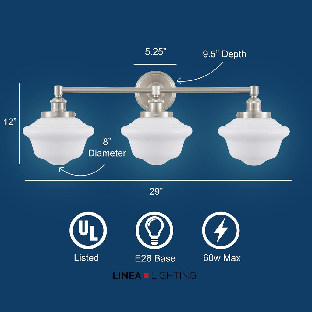 Linea di Liara Lavagna Farmhouse Brushed Nickel Bathroom Light Fixtures Over Mirror 3-Light Bathroom Vanity Light Fixture Milk Glass Shades Modern Vanity Lights, UL Listed