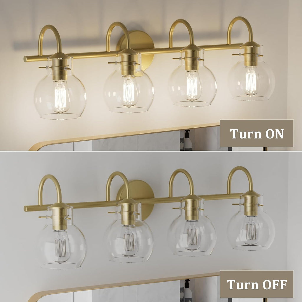 4-Light Gold Bathroom Vanity Light Fixtures, 24 Inch Over Mirror with Clear Glass Shade Wall Mounted Sconces for Bathroom, Living Room, Hallway, E26 Base