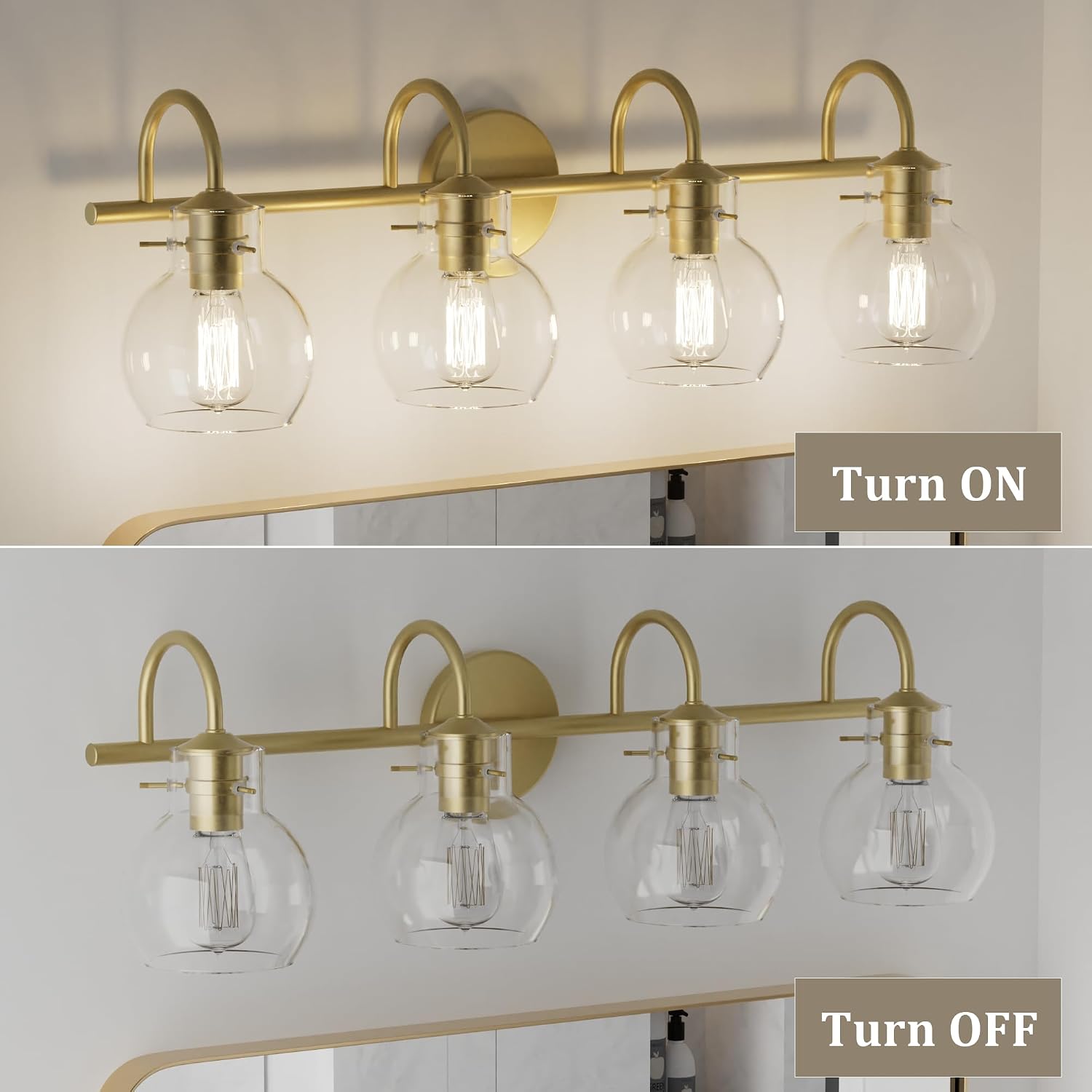 4-Light Gold Bathroom Vanity Light Fixtures, 24 Inch Over Mirror with Clear Glass Shade Wall Mounted Sconces for Bathroom, Living Room, Hallway, E26 Base