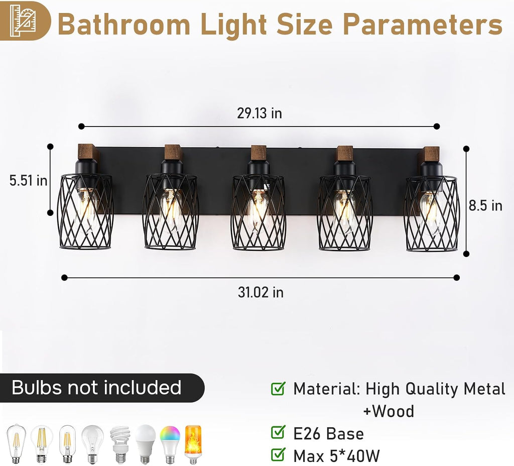 5-Light Farmhouse Bathroom Vanity Light, Wood Bathroom Lighting Fixtures Over Mirror, Black Vanity Light Fixtures with Cage Metal Shade, Rustic Bathroom Light with E26 Base