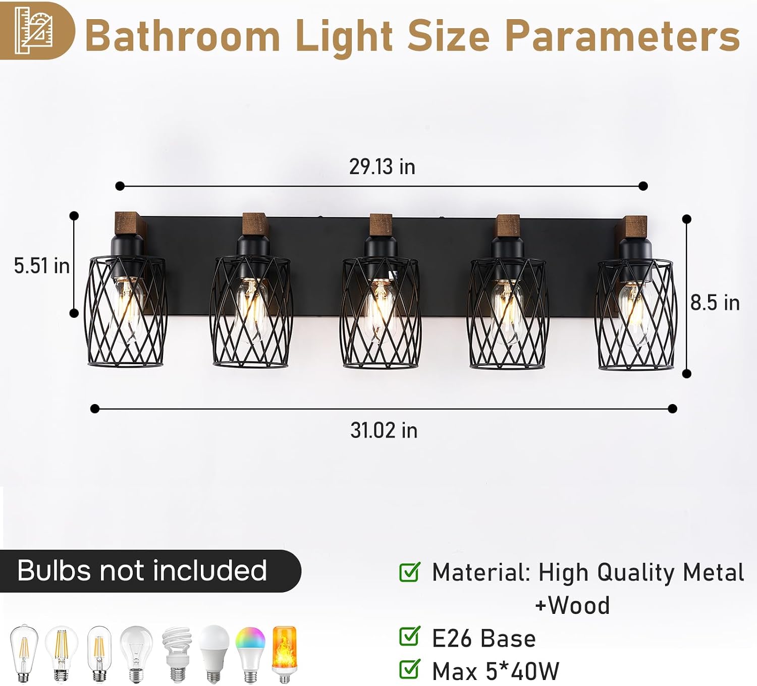 5-Light Farmhouse Bathroom Vanity Light, Wood Bathroom Lighting Fixtures Over Mirror, Black Vanity Light Fixtures with Cage Metal Shade, Rustic Bathroom Light with E26 Base
