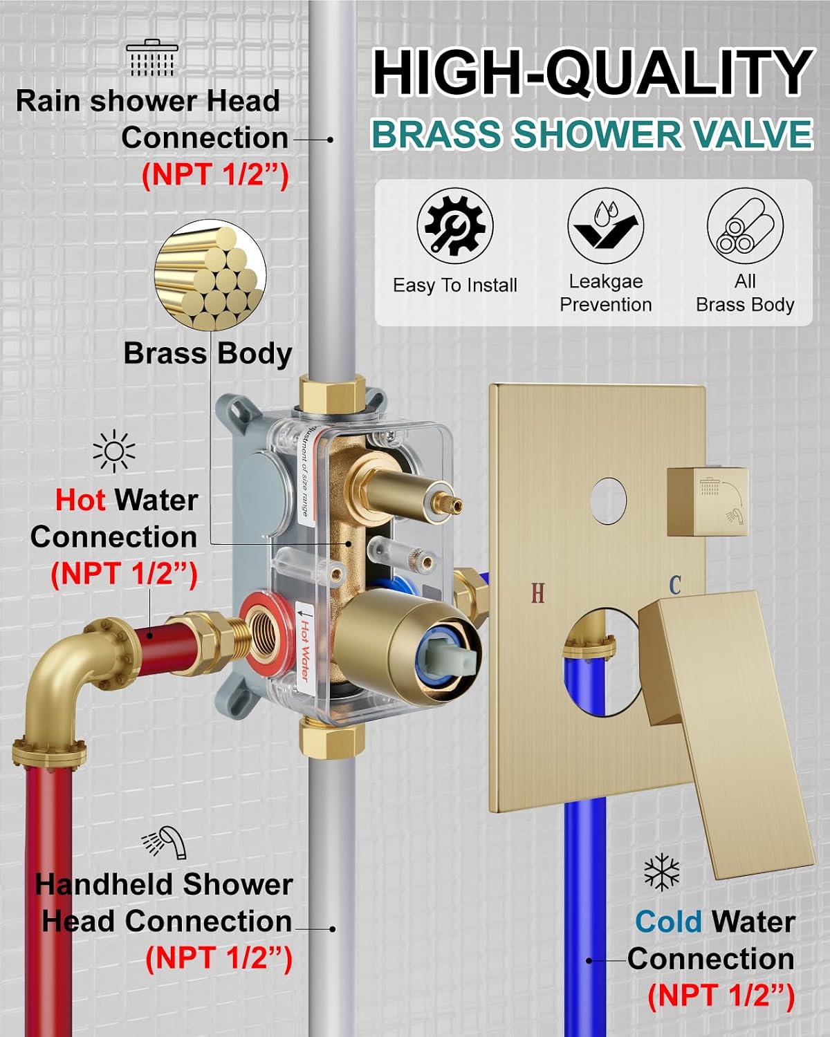 Shower Faucet Set Rainfall Shower System with Square Showerhead and Handle Set Fixture with 2 in 1 Function Handheld Sprayer Wall Mounted Trim Repair Kit Rough-in Valve 8 Inch Brushed Gold
