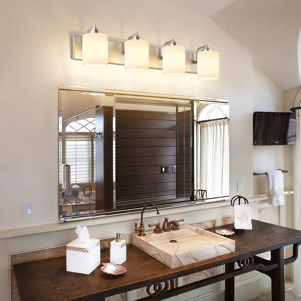 SOLFART Brushed Nickel Bathroom Vanity Light Vintage 4 Light Wall Light with Milky White Globes, 4 Lights Modern Over Mirror Lighting Fixture for Bathroom