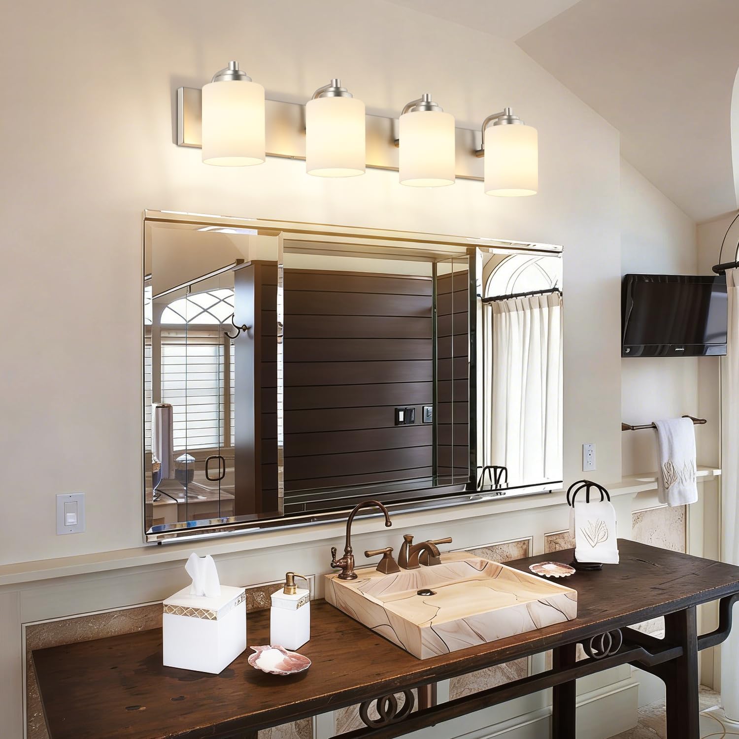SOLFART Brushed Nickel Bathroom Vanity Light Vintage 4 Light Wall Light with Milky White Globes, 4 Lights Modern Over Mirror Lighting Fixture for Bathroom