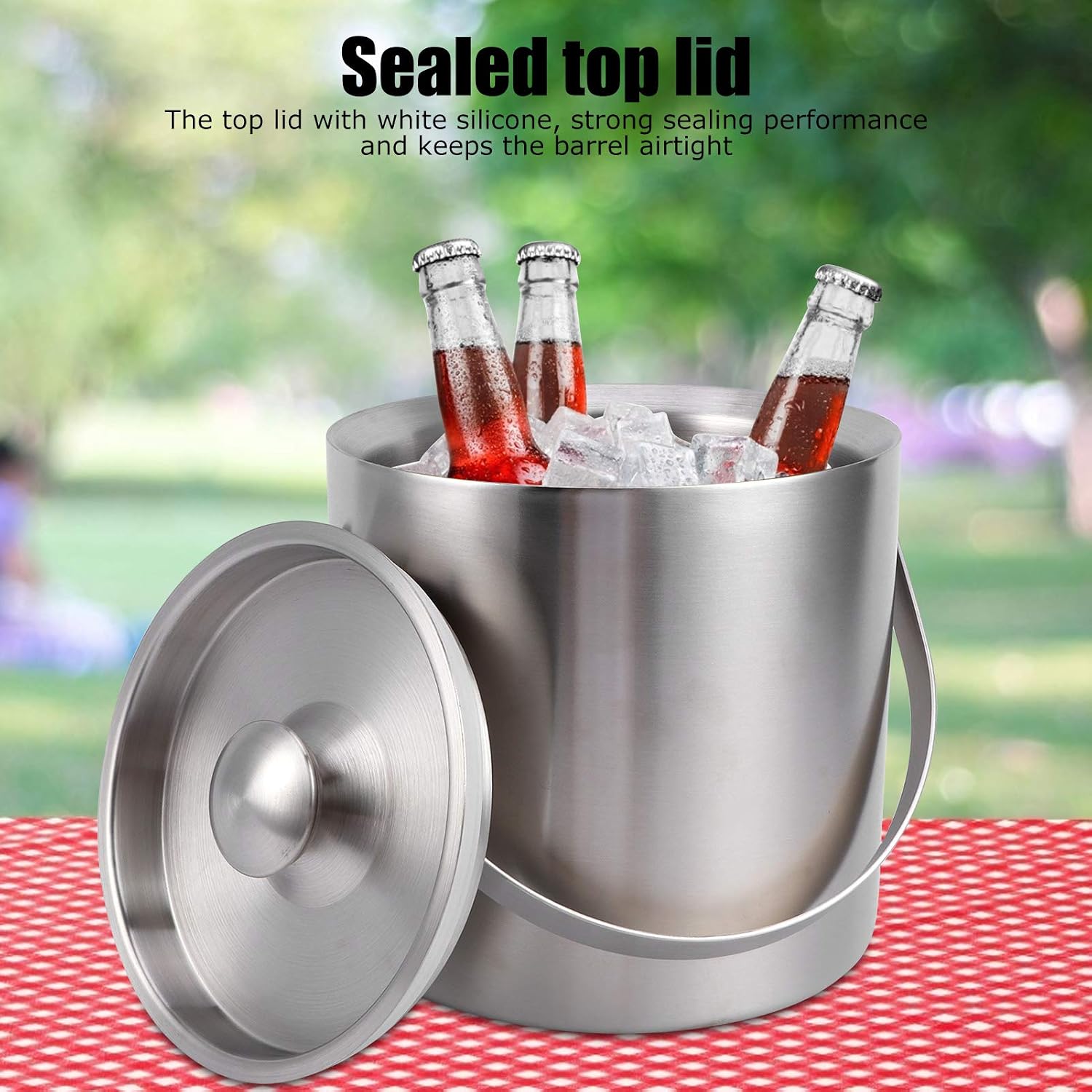 ice Bucket,Bucket with lid, Ice Buckets for Parties Stainless Steel with Lid, Champagne Bucket, 3L with Lid Portable Double-Wall Ice Barrel Bar Area for Bar Hotel Party Use