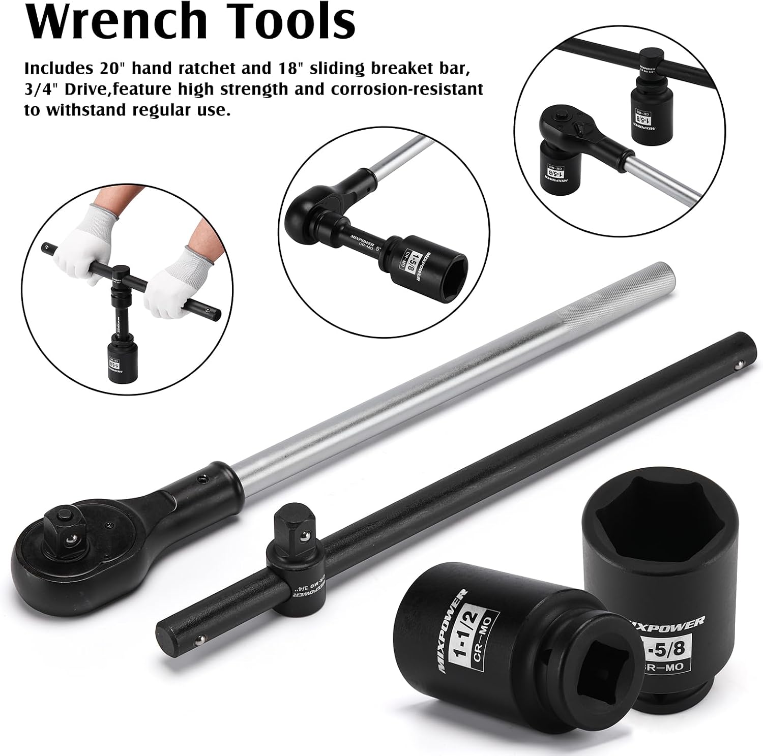 MIXPOWER 21 Pieces 3/4'' Drive Deep Jumbo Impact Socket Set,SAE(7/8''-2''),6 Point,Ratchet Wrench Adapters Extension Bars,CR-MO