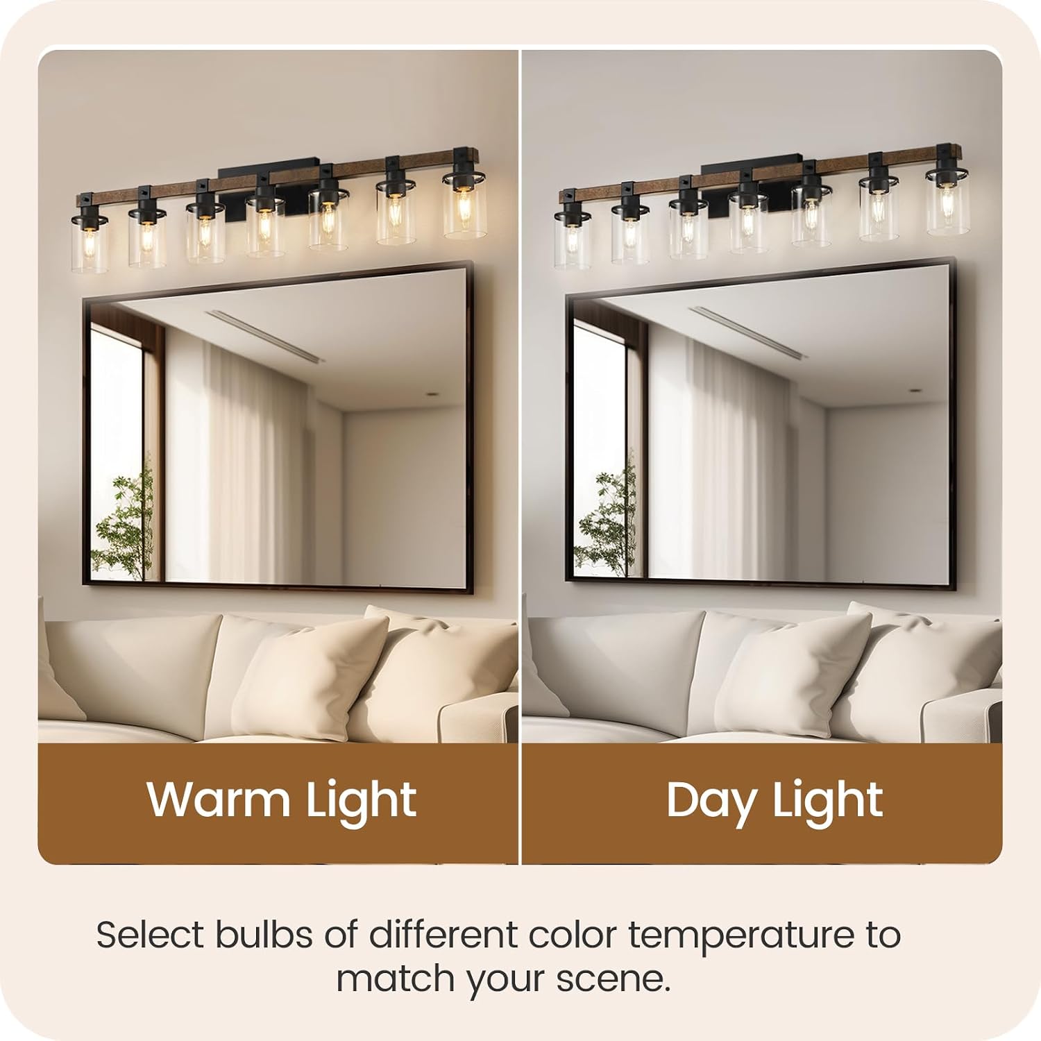 7-Light Bathroom Light Fixture, Farmhouse Vanity Lights for Bathroom with Glass Shade, Rustic Bathroom Light Fixtures, E26 Base F16BD05