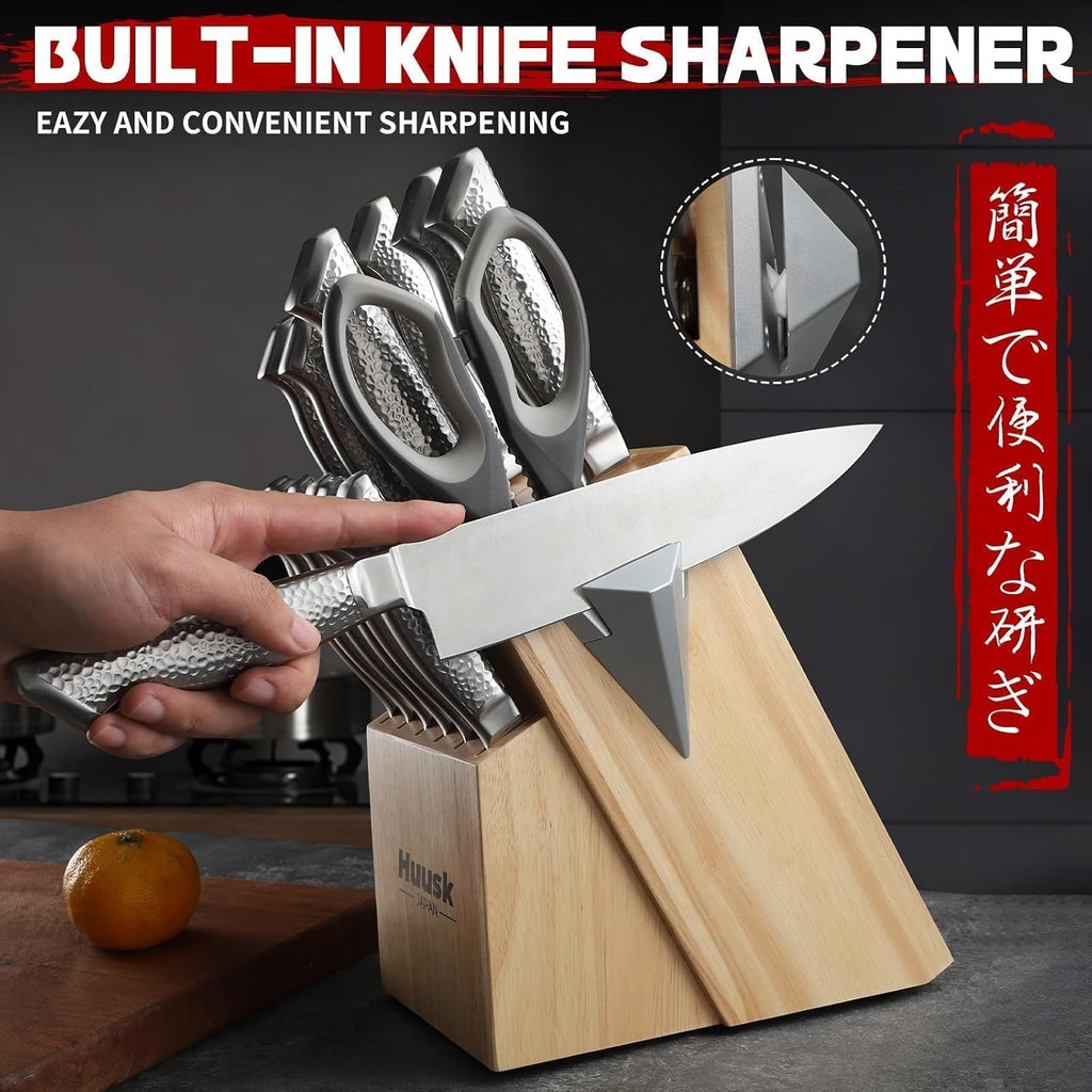 Huusk Kitchen Knife Set with Block & Built-in Sharpener - 15pcs Japanese Stainless Steel Knife Block Set - Sharp Professional Chef Sets for Kitchen - Home-warming Gift for Men