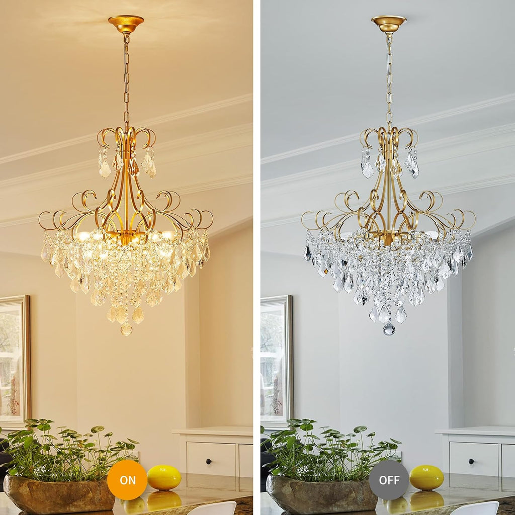 WUZUPS Crystal Chandelier 10-Light Pendant Ceiling Light Modern Lighting Fixture for Dining Room Hallway Bedroom Kitchen Bathroom, H 27.6' x W 22.8', E12 Base, Gold
