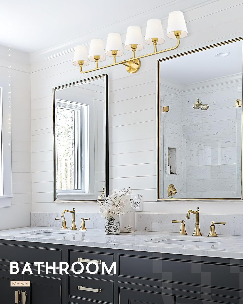 Bathroom Light Fixtures, 42 Inch Brushed Gold Vanity Lights with Flared White Fabric Shade, 6-Light Wall Sconce, Modern Sconces Wall Lighting for Hallway Bedroom, VL837-BG-6