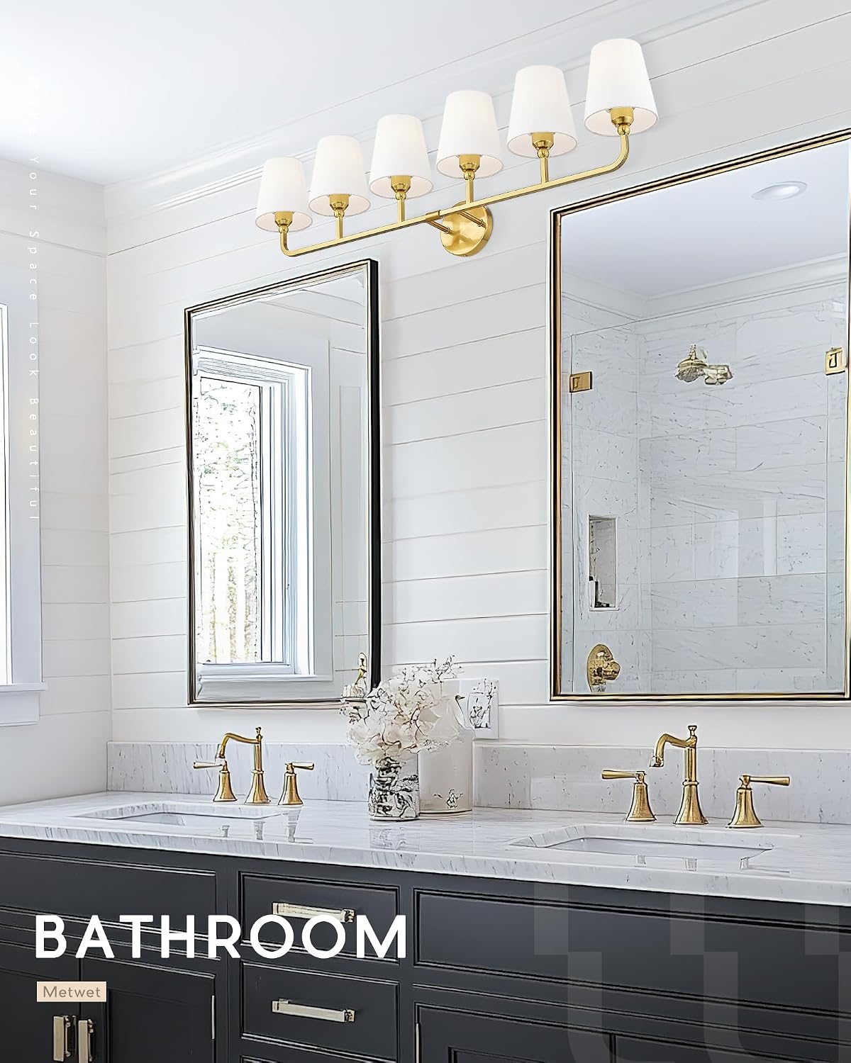 Bathroom Light Fixtures, 42 Inch Brushed Gold Vanity Lights with Flared White Fabric Shade, 6-Light Wall Sconce, Modern Sconces Wall Lighting for Hallway Bedroom, VL837-BG-6
