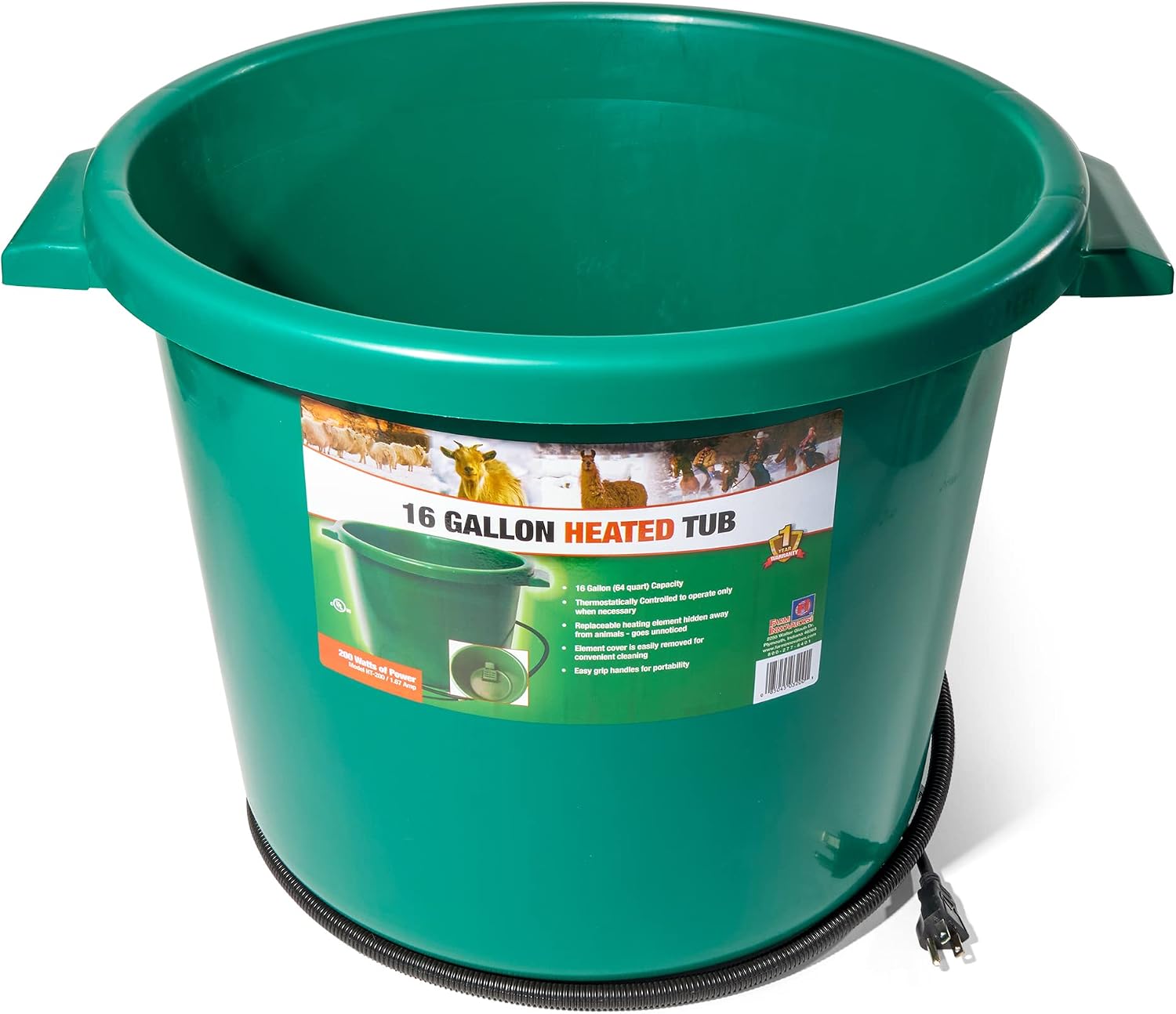Farm Innovators 3 Pack Heated Water Bucket, 200W Heating Power - 16 Gallon Plastic Bucket with Replaceable Heating Element for Livestock Watering & Feeding