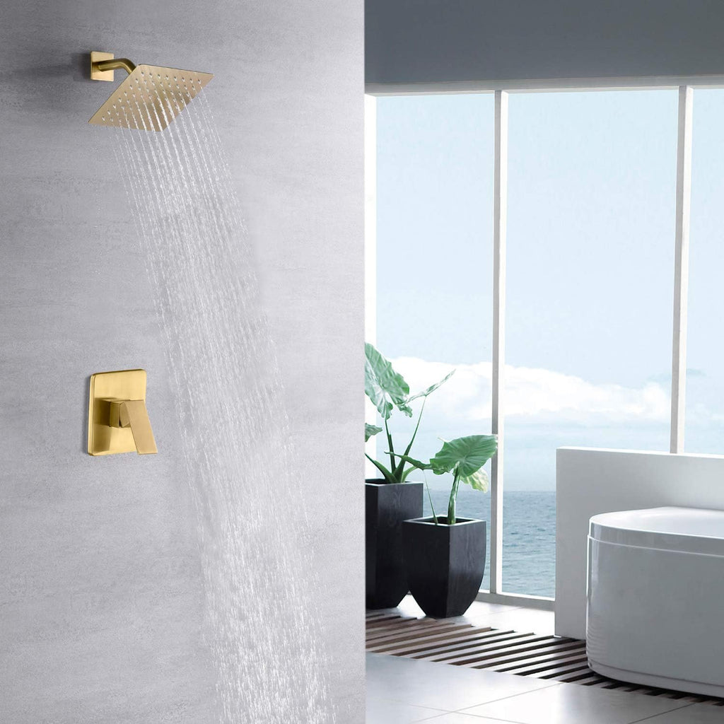 sumerain Pressure Balance Shower Faucet Brushed Gold Finish, 8' Square Rainfall Shower Head Including Rough-In Valve Body and Trim