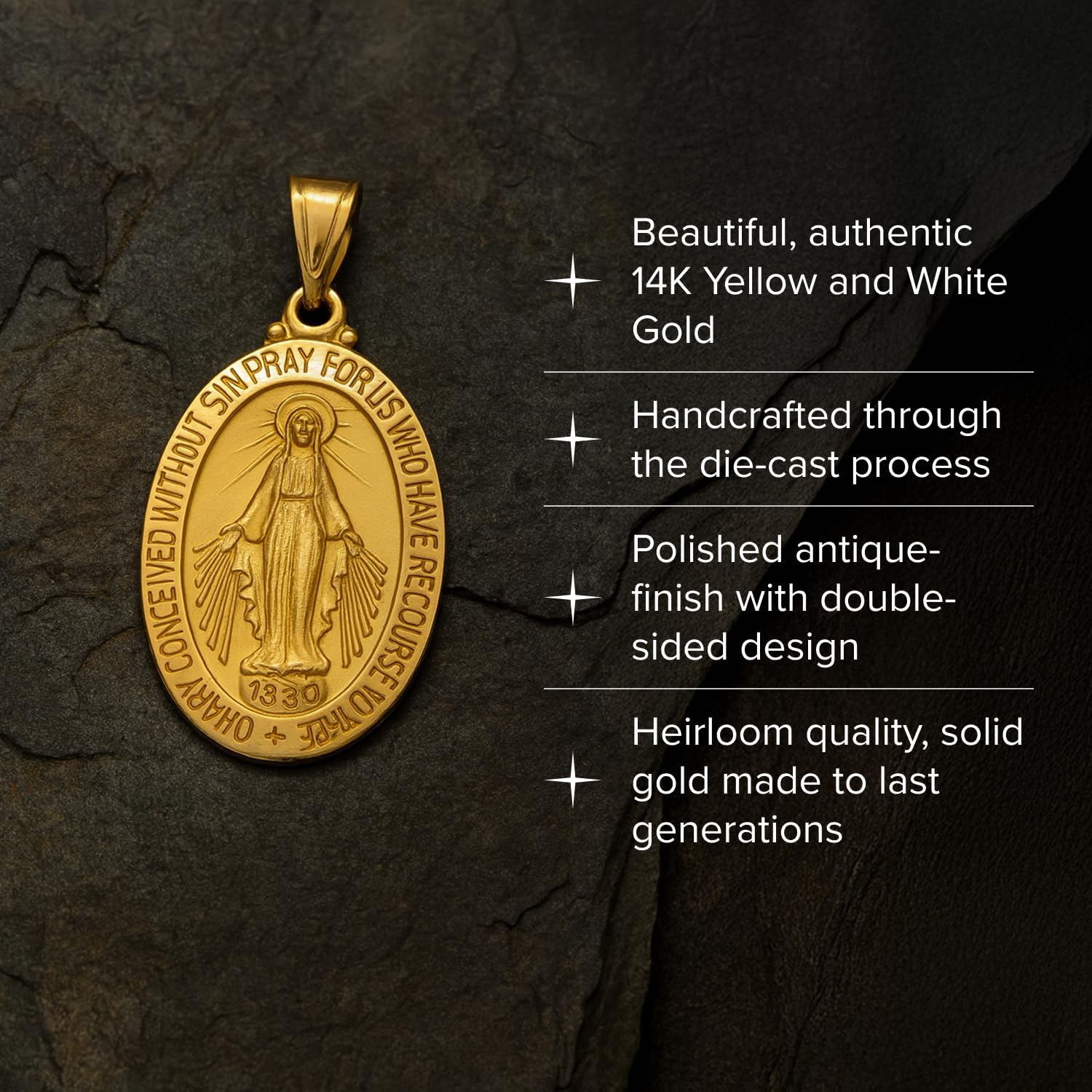 RP 14K Yellow Gold Virgin Mary Medal Necklace Pendant for Women & Men, Authentic & Pure 14K, Stunning Real 14 Karat Virgin Mary Pendant Only with Premium Jewelry Box, Handcrafted in the USA