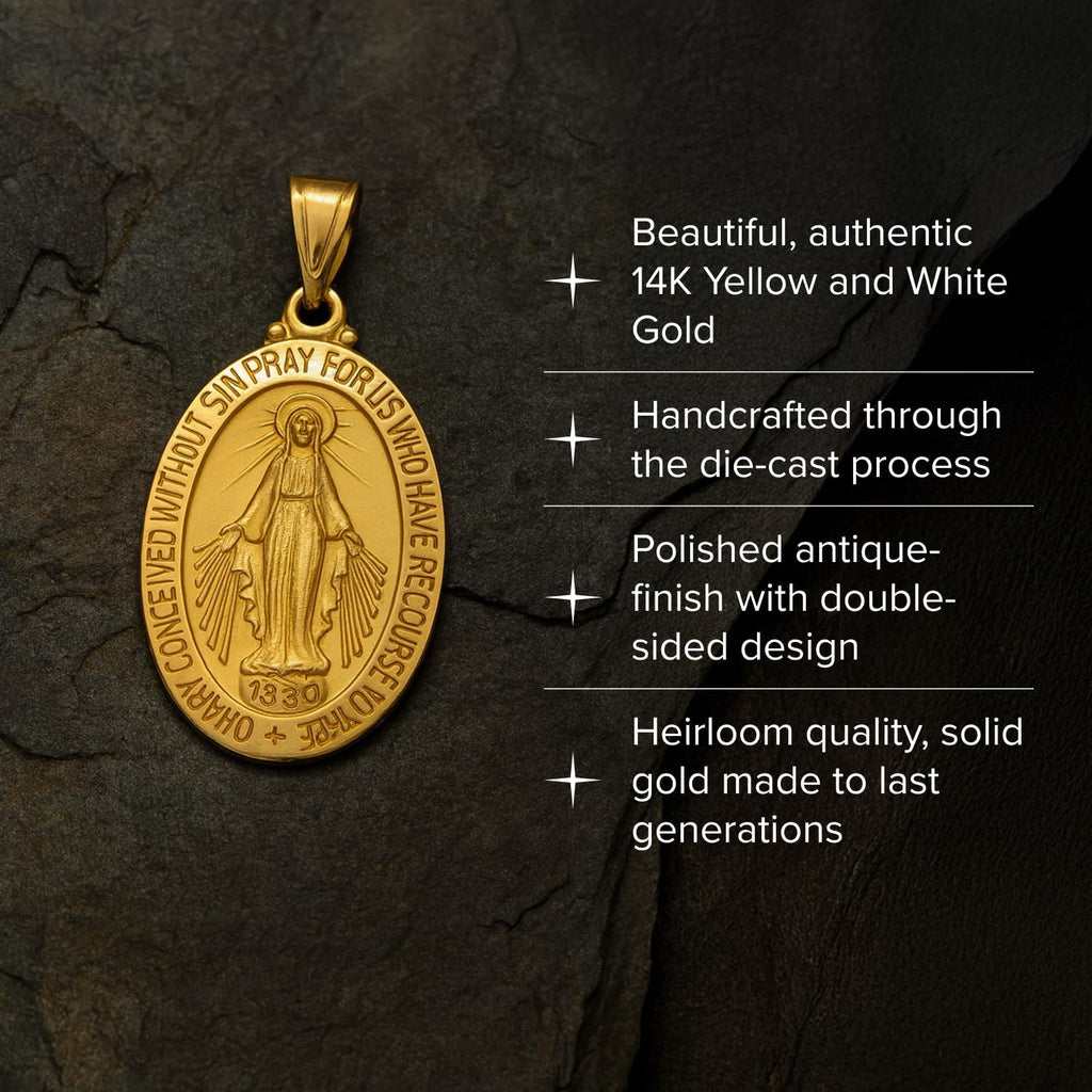 RP 14K Yellow Gold Virgin Mary Medal Necklace Pendant for Women & Men, Authentic & Pure 14K, Stunning Real 14 Karat Virgin Mary Pendant Only with Premium Jewelry Box, Handcrafted in the USA