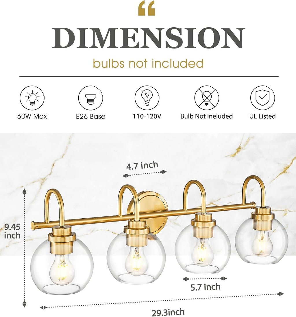Bathroom Light Fixtures, 4-Light Brushed Gold Vanity Lights with Globe Clear Glass, 30 Inch Champagne Bronze Vanity Lighting Fixtures Over Mirror, AD-22280-4W-GD