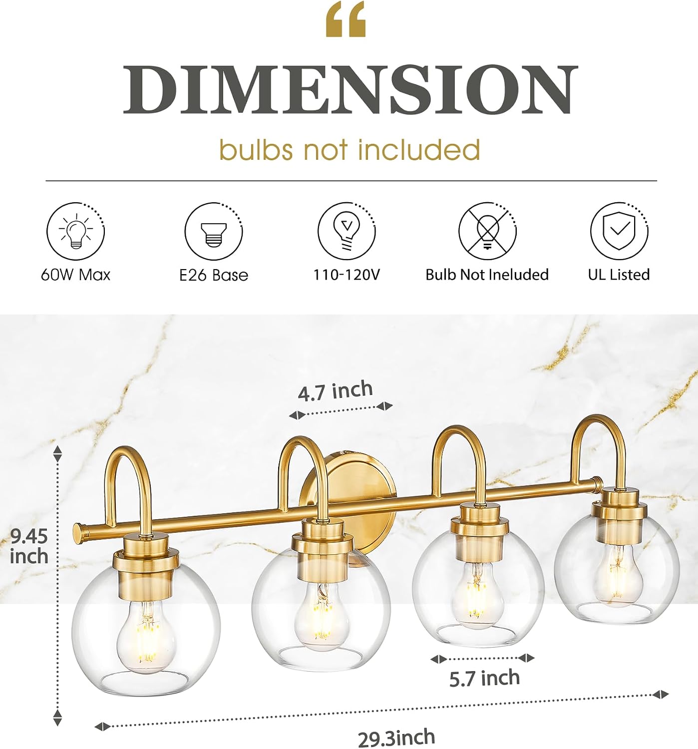 Bathroom Light Fixtures, 4-Light Brushed Gold Vanity Lights with Globe Clear Glass, 30 Inch Champagne Bronze Vanity Lighting Fixtures Over Mirror, AD-22280-4W-GD