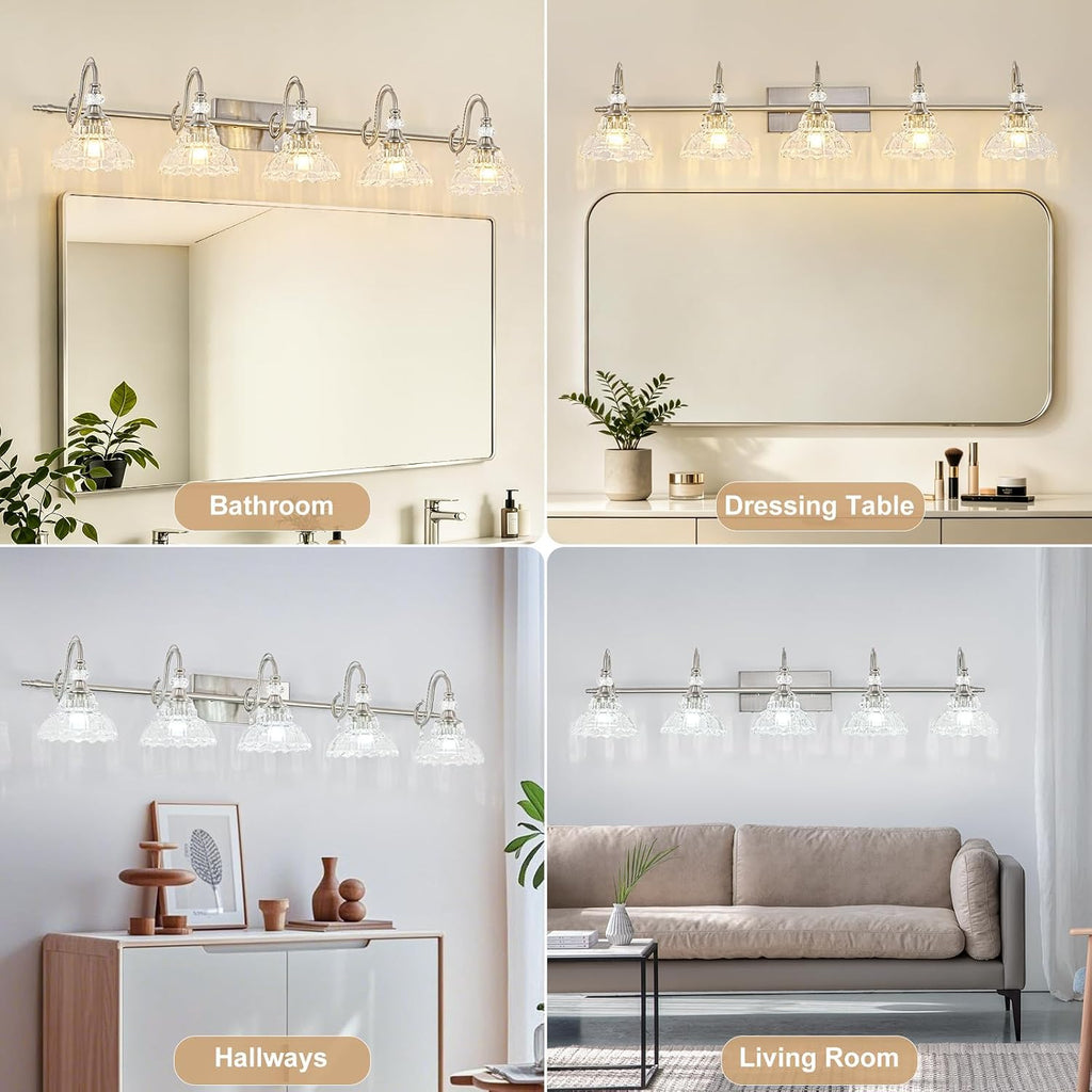 Brushed Nickel Bathroom Vanity Light, 5-Light Nickel Finish Wall Sconce with Hanging Crystal Accents and Flower-Shaped Clear Glass Shades, Modern Wall Mount Vanity Light Over Mirror for Bathroom